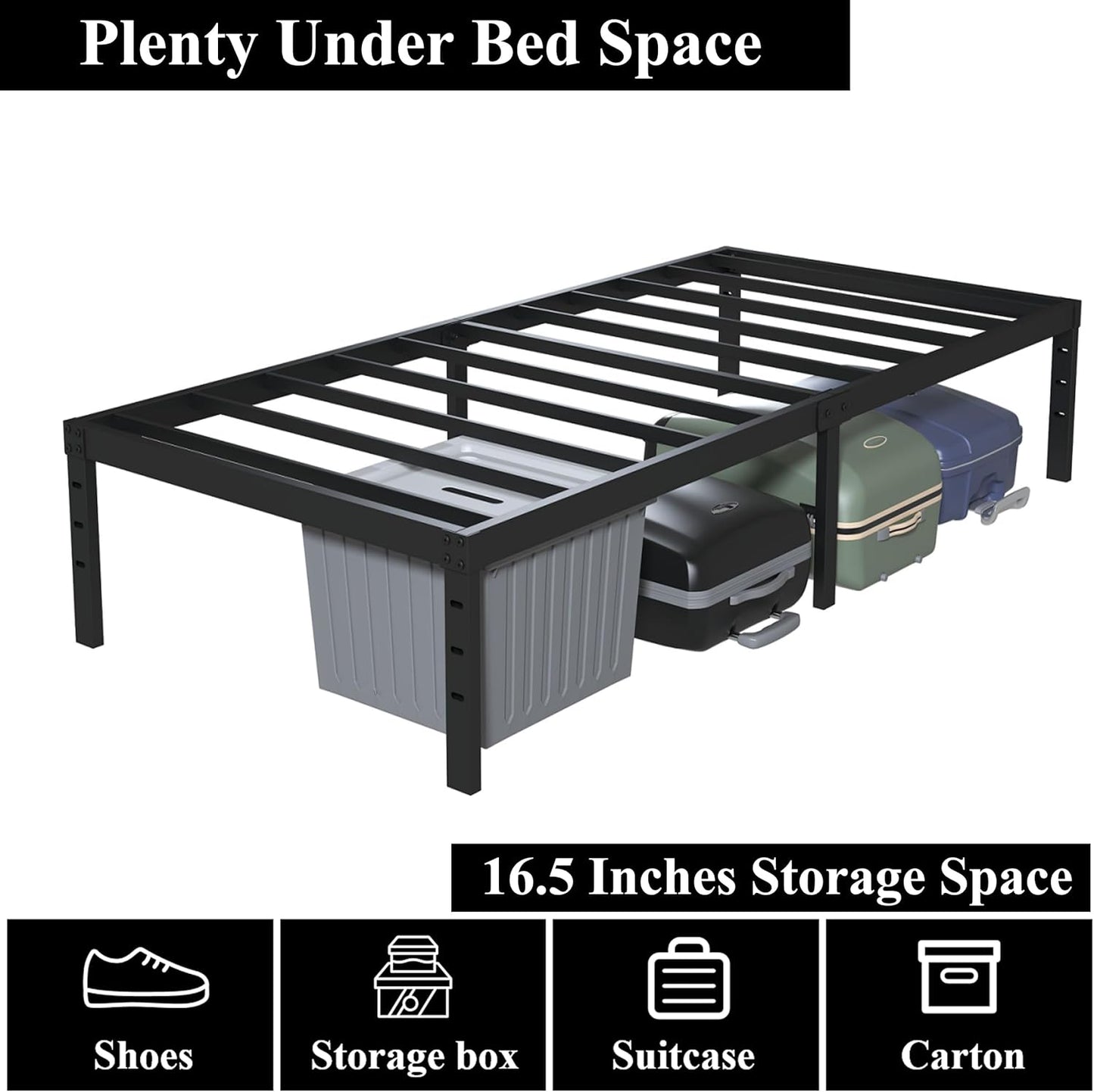 18 Inch Twin Bed Frames No Box Spring Need, Metal Platform Bed Frame Twin Size with High Storage, Eassy Assembly 2,500 Lbs Heavy Duty Bedframes, Black