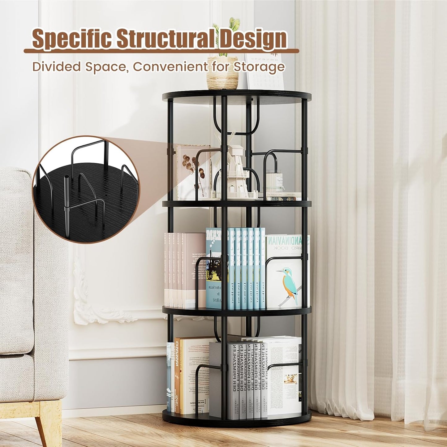 Rotating Bookshelf, 3 Tier Round Revolving Bookcase with Special Visible Partition Storage, 360° Display Spinning Small Bookshelf Tower Book Shelf Organizer for Bedroom, Small Space, Black