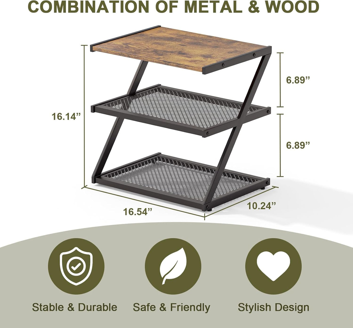 Shoe Rack, Z-Frame Wooden Shoe Shelf with Heavy-Duty Metal Mesh Shelves for Hallway, Living Room, Closet, and Bedroom Organization - Organize Your Shoes in Style (16.54" x 10.24" x 16.14")