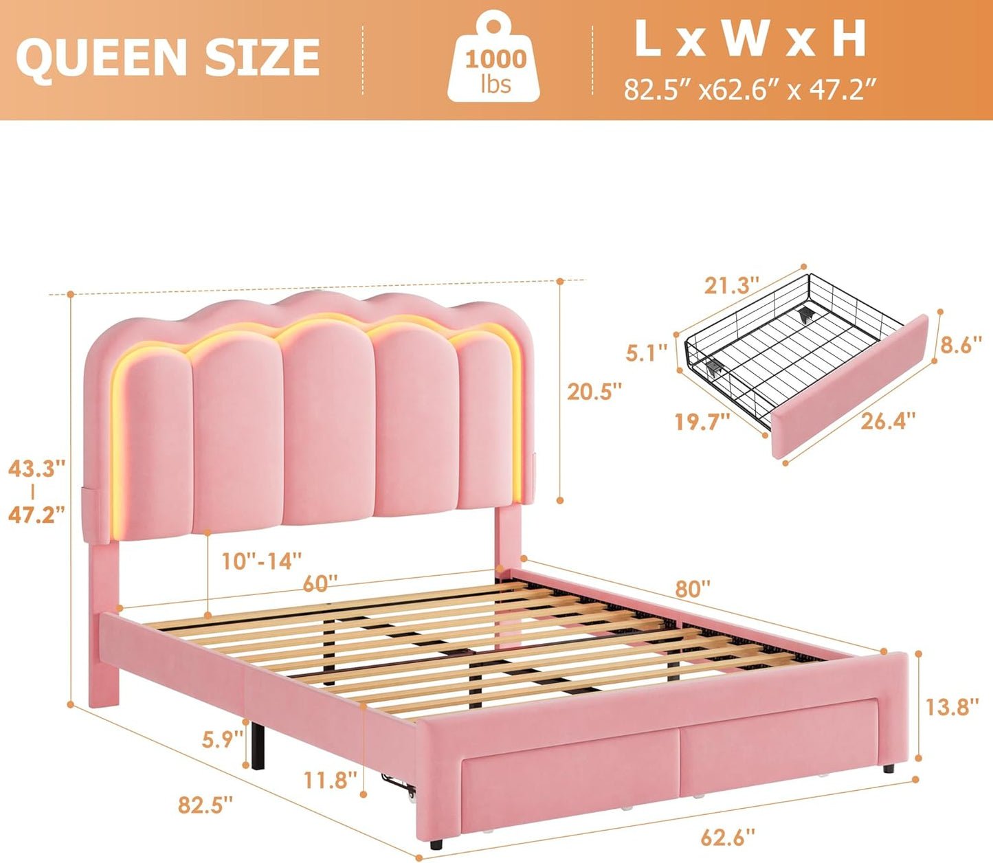 Queen Upholstered LED Bed Frame with 2 Storage Drawers and Adjustable Chic Double Wavy Headboard, Velvet Princess Platform Bed with Charing Station, Solid Wood Slats Support,No Box Spring Needed, Pink
