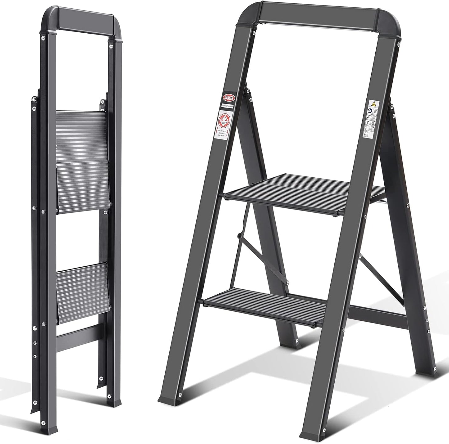 KINGRACK Step Ladder, 2 Steps, Folding Step Ladder with Handrail, Non-Slip Household Ladder with Folding Safety, Aluminium Step Stool, Maximum Load 150 kg, Black