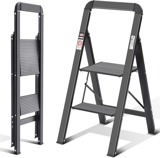 KINGRACK Step Ladder, 2 Steps, Folding Step Ladder with Handrail, Non-Slip Household Ladder with Folding Safety, Aluminium Step Stool, Maximum Load 150 kg, Black