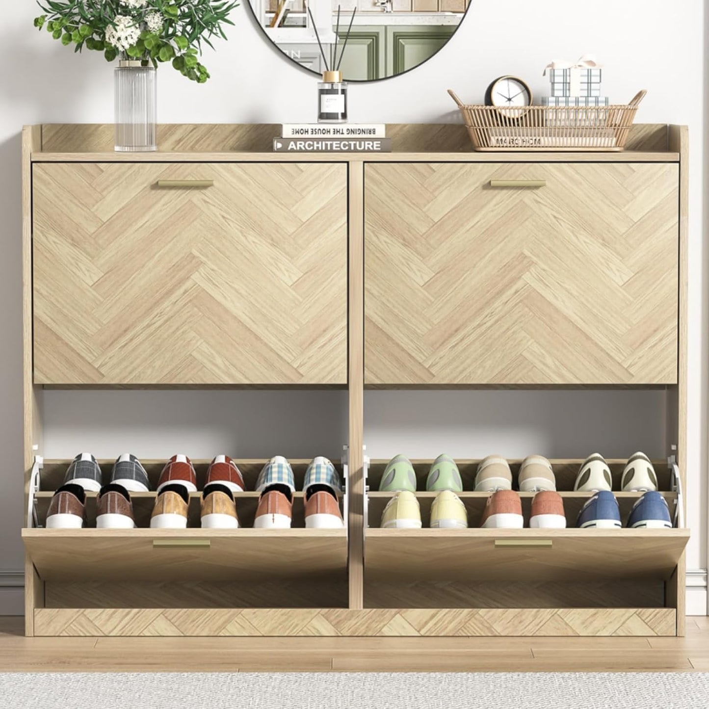 47" Large Shoe Cabinet with 4 Flip Drawers, Freestanding Shoe Storage Cabinet for Entryway, Hidden Shoe Cabinet Organizer with Adjustable Shelf, Narrow Shoe Rack for Entryway, Hallway, Oak