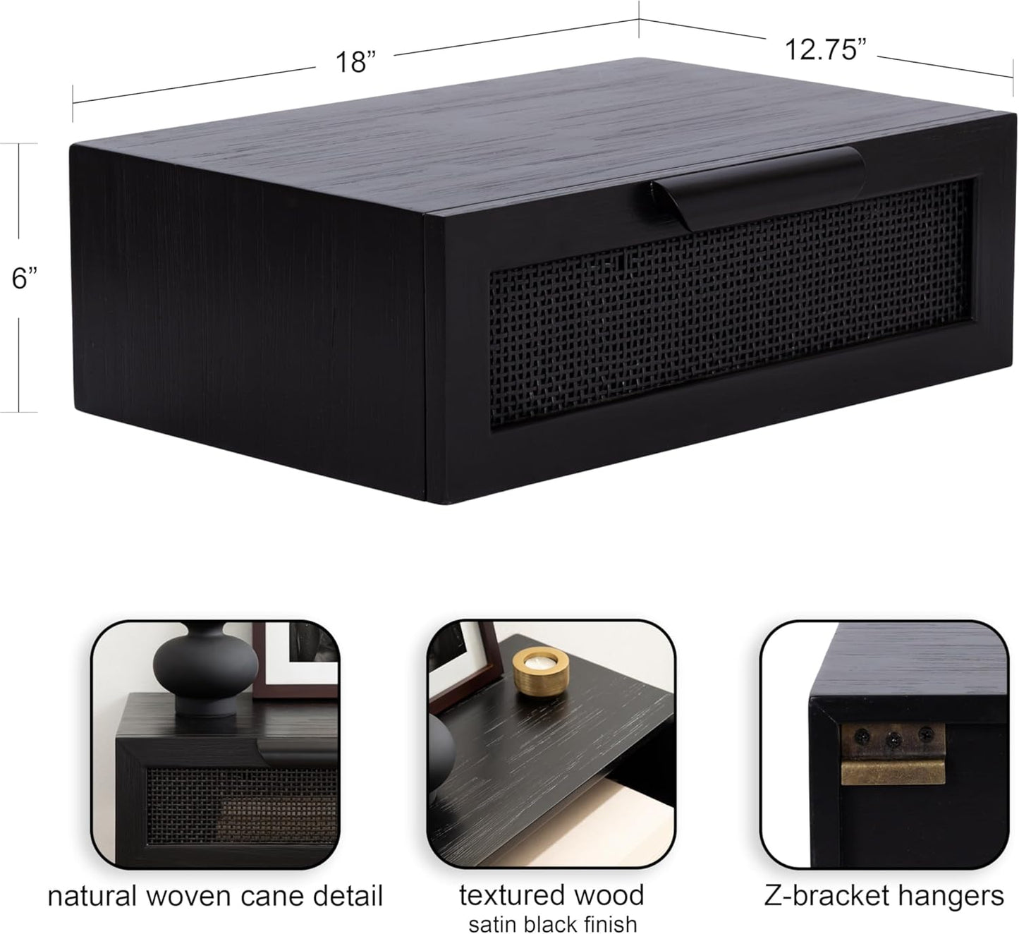 Kate and Laurel Ori Transitional Cane Rattan Floating Side Table with Pull-Out Storage Drawer, 18x13x6, Black