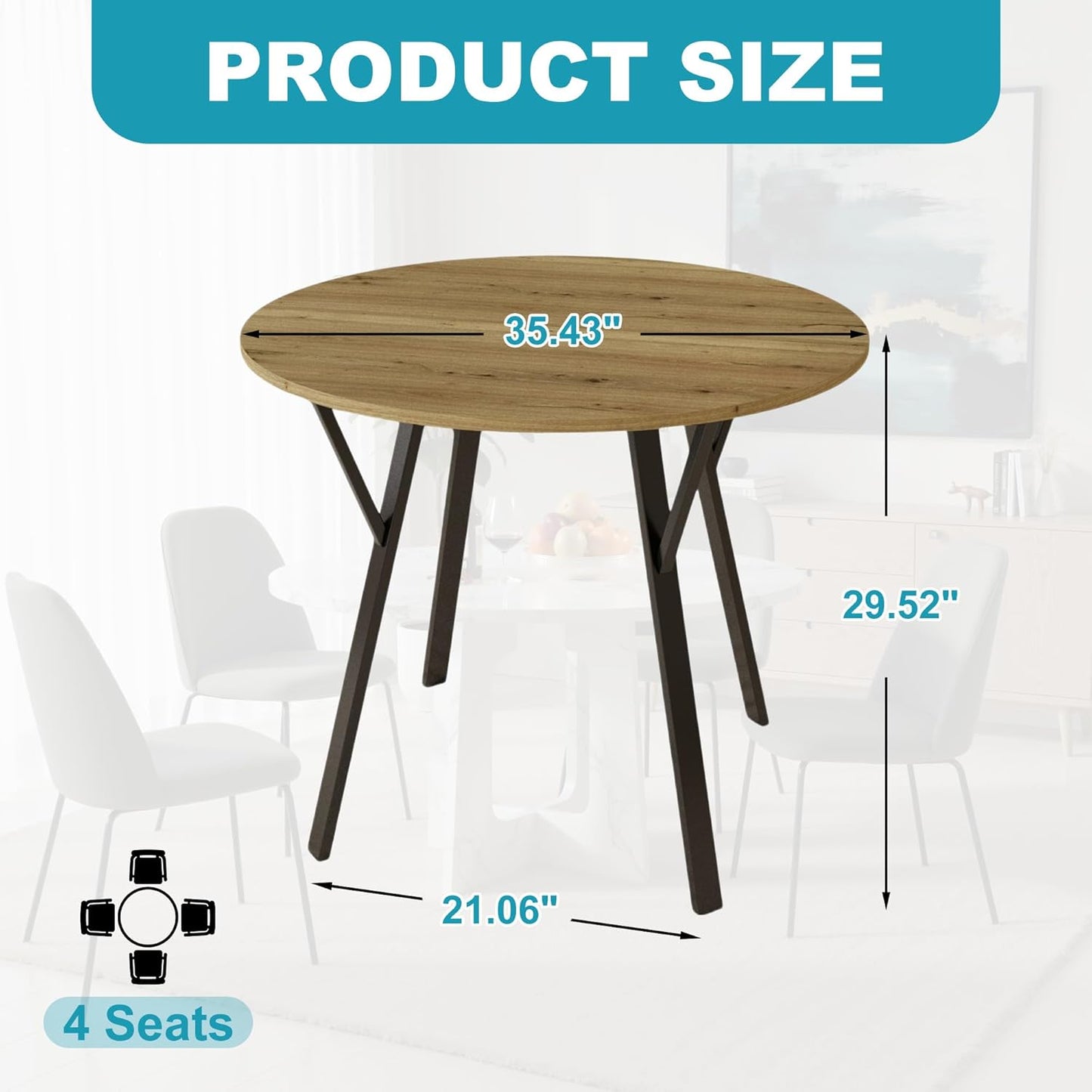 35" Round Dining Table for 4, Modern Small Circle Dinner Table Farmhouse Round Kitchen Tables with Metal Legs for Dining Room, Kitchen, Living Room, Light Brown & Black