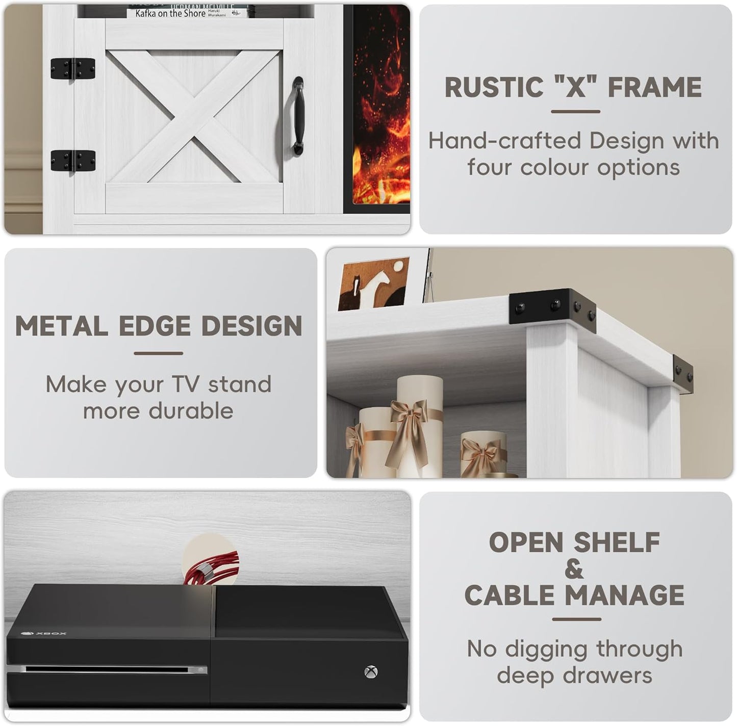 YESHOMY Fireplace TV Stand with Barn Doors and Open Display Shelf, Farmhouse Media Console with Hidden Cable Routing, Entertainment Center for Televisions up to 65+ Inch, White