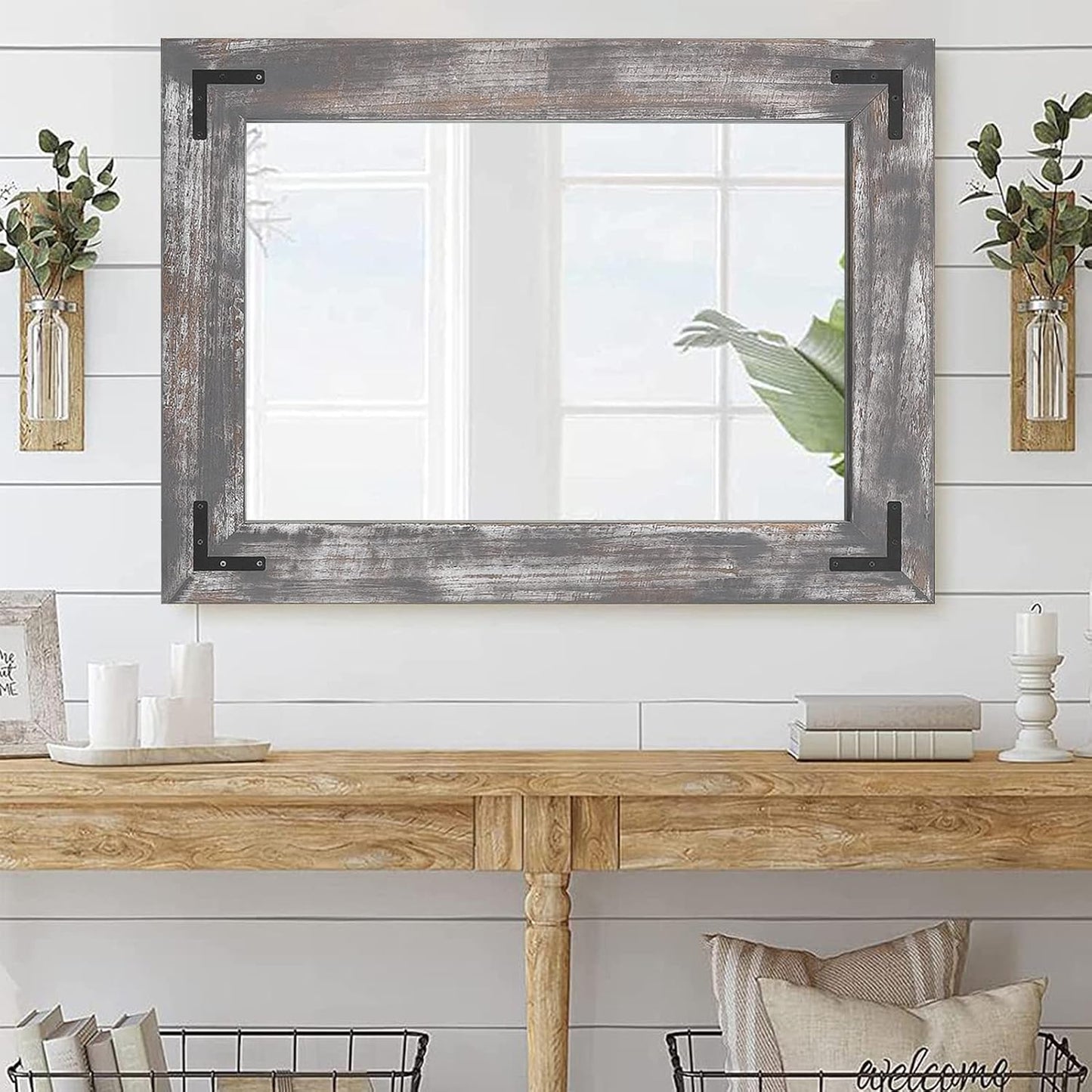 YOSHOOT Rustic Wooden Framed Wall Mirror, 40"x26", Natural Wood Bathroom Vanity Mirror for Farmhouse Decor, Vertical or Horizontal Hanging