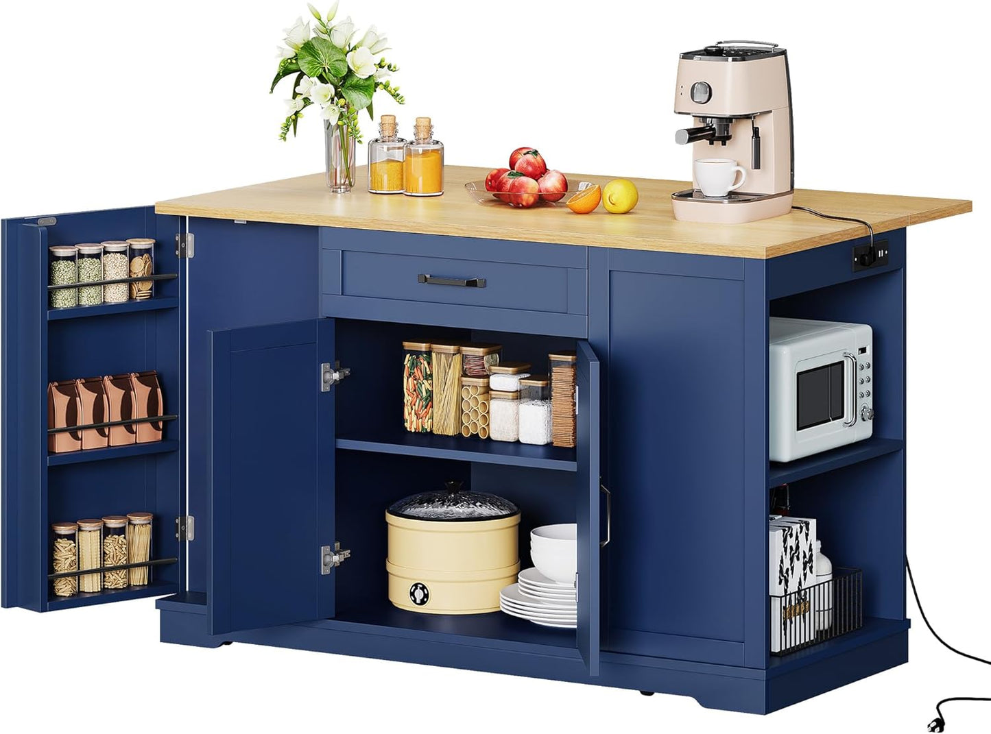 YITAHOME 50" Kitchen Island with Power Outlet & Drop Leaf, Rolling Island Cart with Trash Can Cabinet, Mobile Storage Islands with Microwave Rack, Door Storage Spice Rack, Navy Blue
