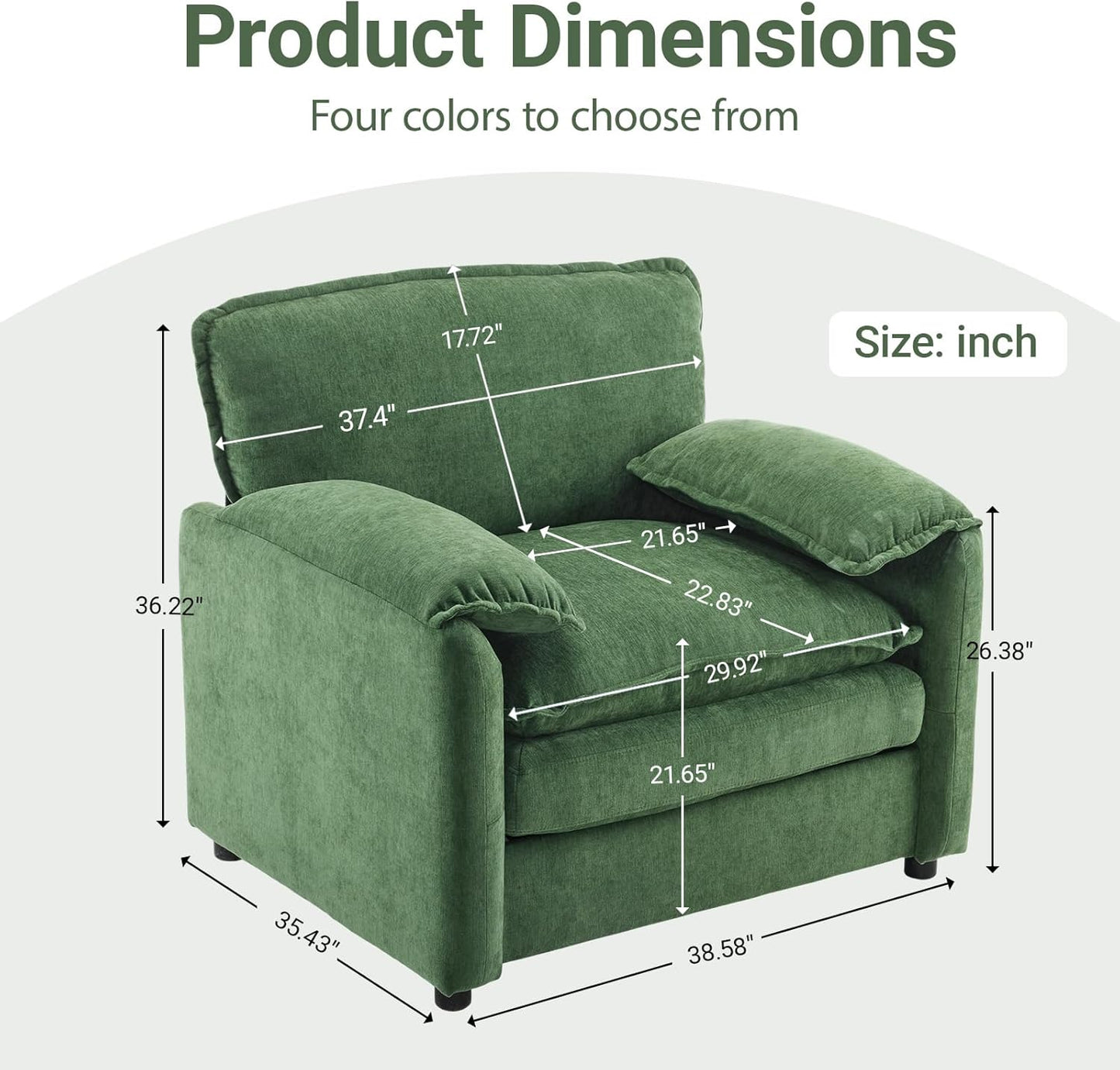 Ball & Cast 38" Oversized Chenille Lounge Chair,Reading Armchair with Thick Comfort Cushions,High Back Support & Wide Seat,Perfect Accent Chair for Modern Living Room,Bedroom,Green