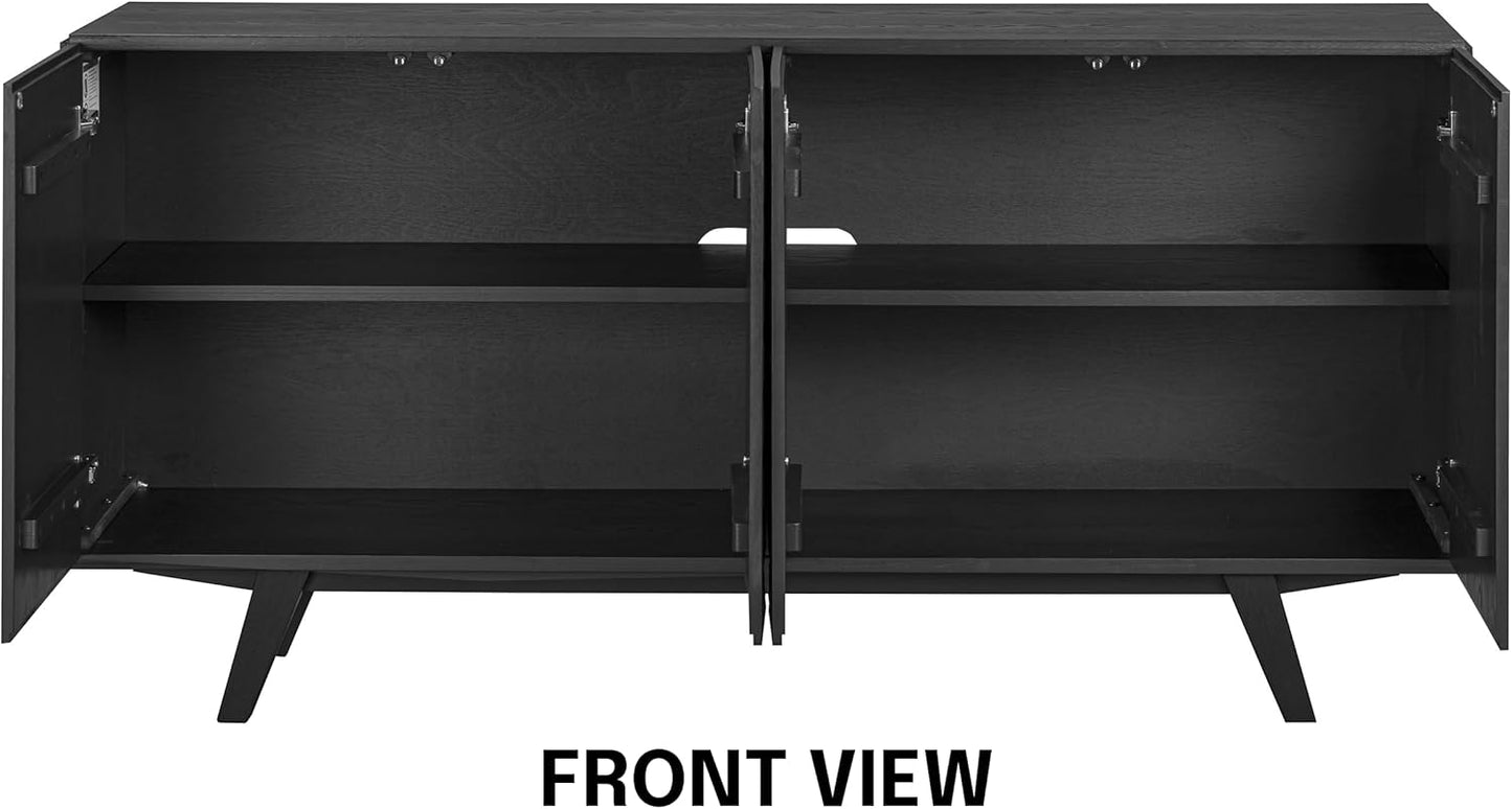 NTC Sapa Mid-Century Modern Solid Wood Sideboard – 4-Door Accent Buffet Cabinet with Carved Geometric Fronts, for Living Room, Dining Room, or Entryway, Effortless Assembly, Burnt Black