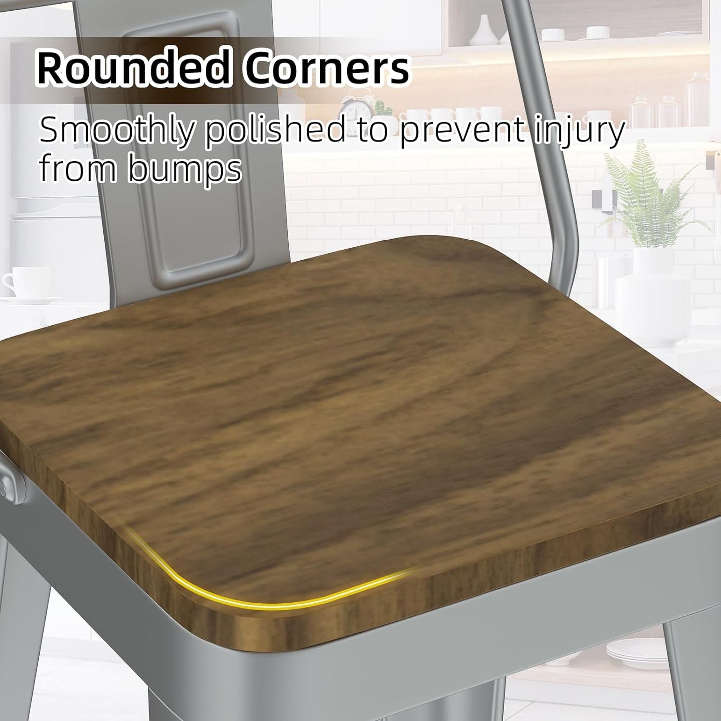 Silver Bar Stools Set of 4, Metal Bar Stools with Wooden Seat, Modern 30”Counter Height Barstools with Low Back