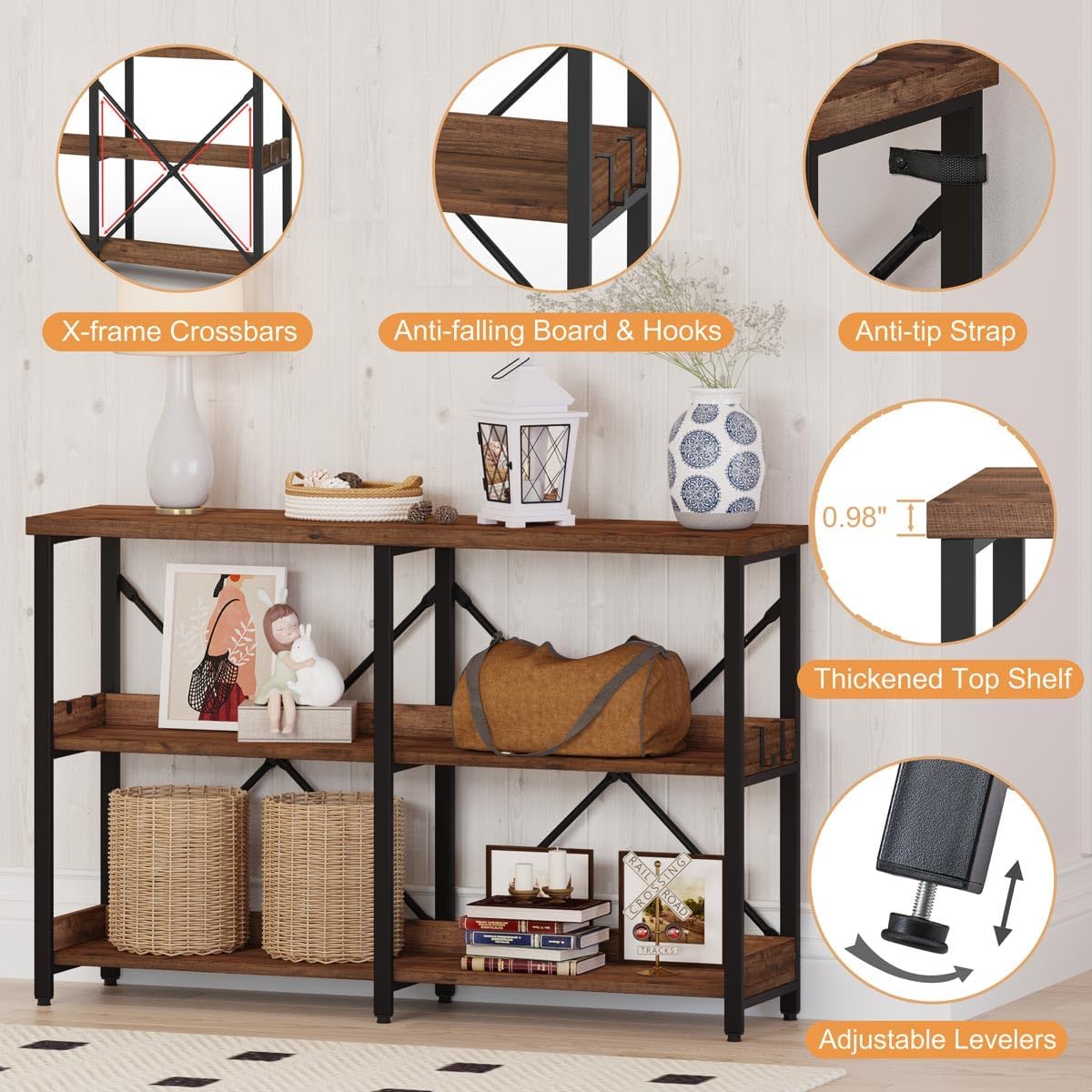 BON AUGURE Rustic Console Table with Shelves, 3 Tier Sofa Table Behind Couch for Living Room, Wood Metal Entryway Tables for Hallway, Foyer, Entrance (47 Inch, Rustic Oak)