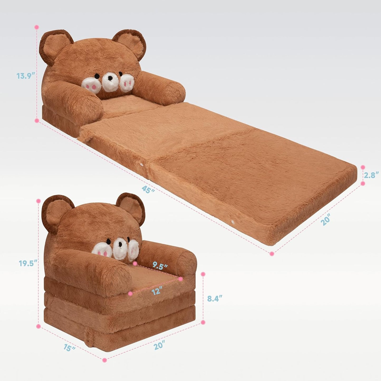 MONKISS Kids Couch, Comfy Toddler Chair, 2 in 1 Fold Out Kids Sofa to Lounger, Baby Sleeper Chair, Toddler Furniture, Birthday Gifts for Boys and Girls, 1~4 Years Old, Bear