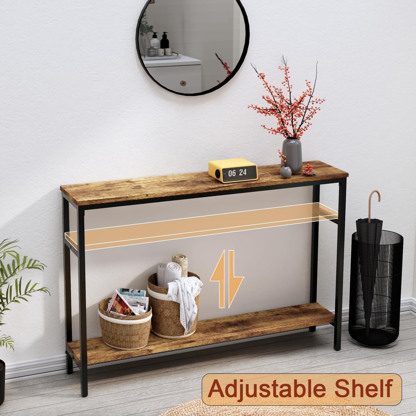 Narrow Console Table, 47 Inch Sofa Table with Adjustable Shelf, 2-Tier Long Skinny Table for Hallway, Entryway, Living Room, Foyer, Rustic Brown