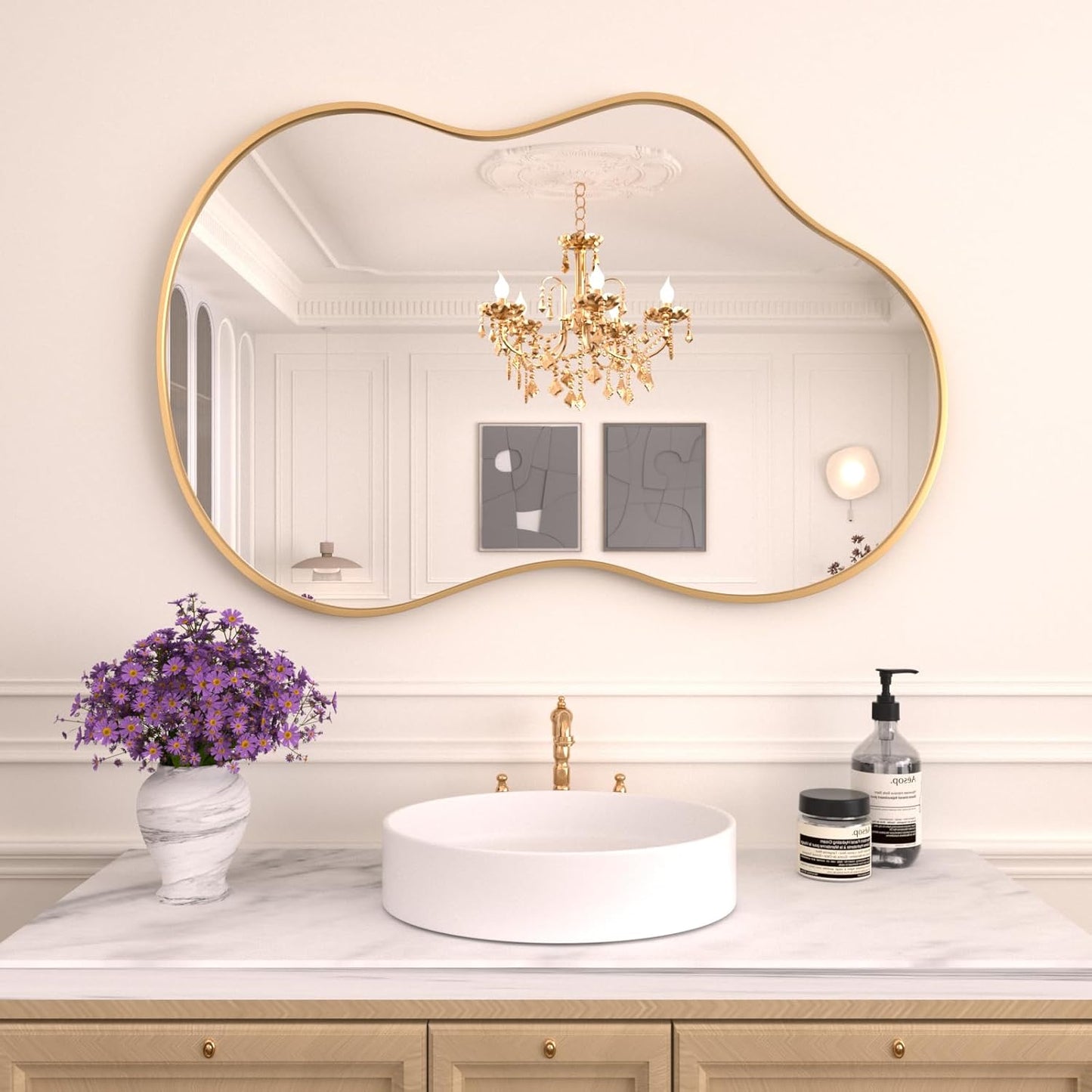 WEER Irregular Wall Mirror, 24x36 inch Gold Asymmetrical Mirror Wall Mounted Mirrors Decorative, Abstract Wavy Aluminum Alloy Frame Mirror for Bathroom, Bedroom, Living Room, Entryway