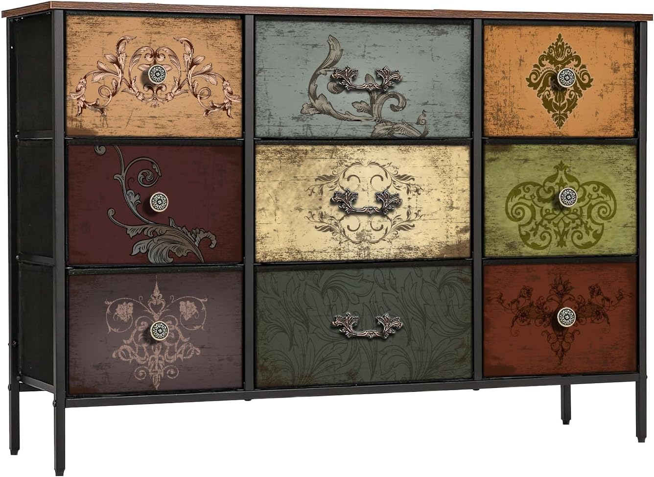 Dresser for Bedroom with 9 Deep Fabric Drawers, Wide TV Stand Storage Cabinet, Colorful Chest of Drawers for Closet, Nursery, Entryway, Hallway