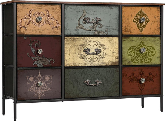 Dresser for Bedroom with 9 Deep Fabric Drawers, Wide TV Stand Storage Cabinet, Colorful Chest of Drawers for Closet, Nursery, Entryway, Hallway