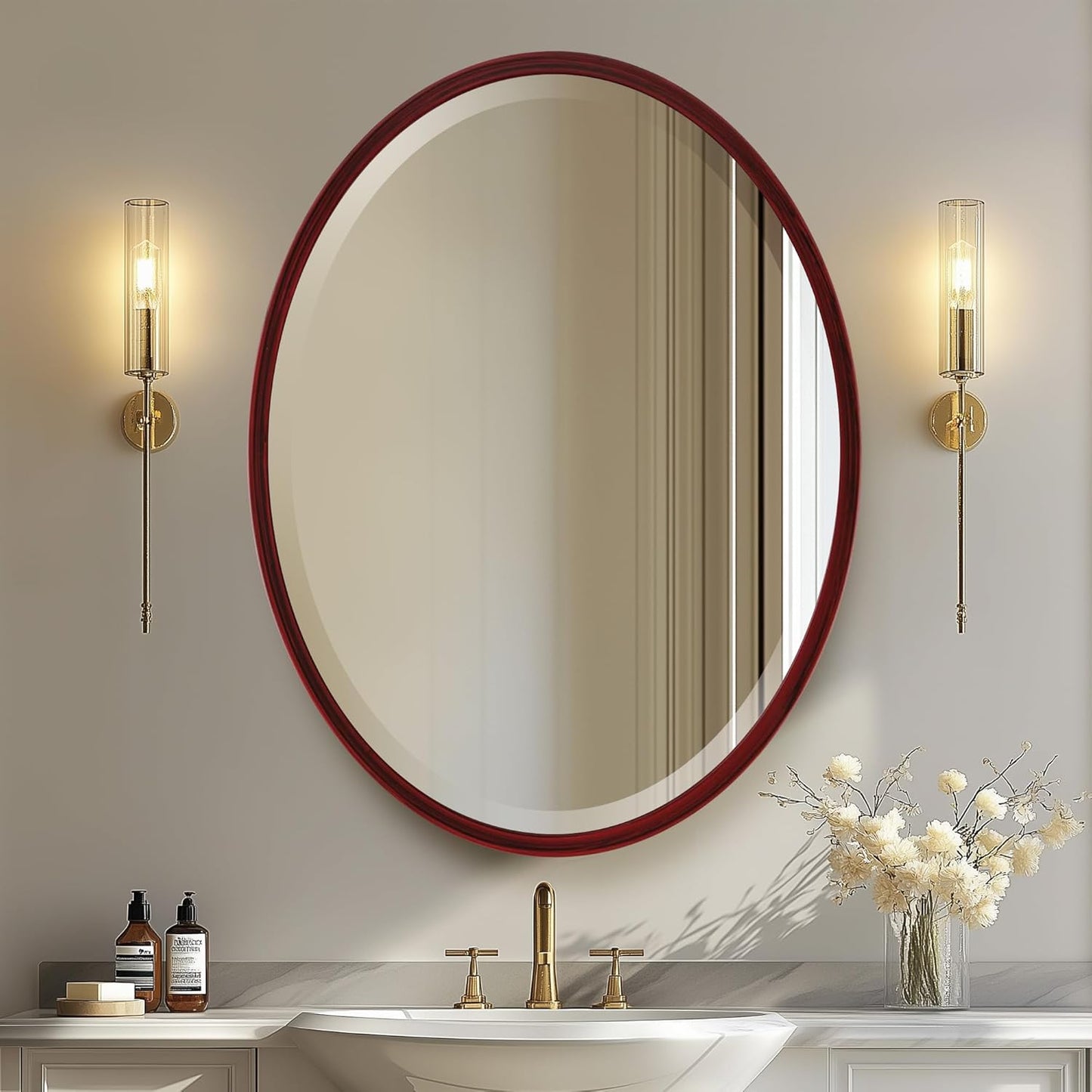 OVALCREST - Oval Wooden Beveled Wall Mirror for Home Decor, Bathroom, Vanity, Bedroom, Living Room, Hallway - London Style (Black Cherry) 25.1 x 31.1