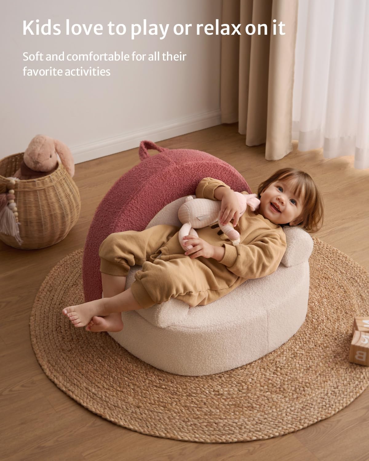 Blissful Diary Toddler Chair Comfy, Foam Kids Chair with Soft Teddy Plush, Toddler Reading Armchair with Cute Arclet Designs- Light Cream