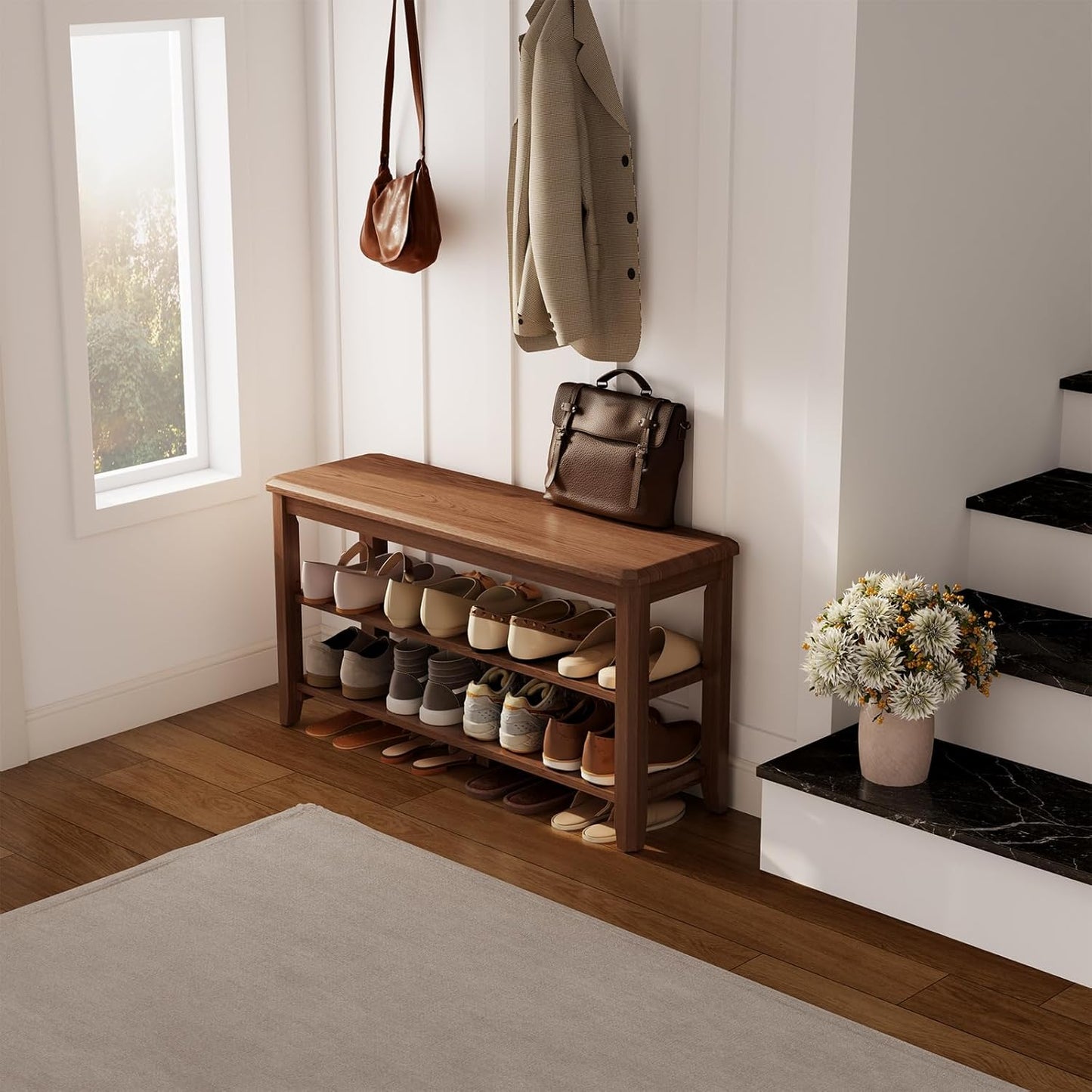 Wood Shoe Rack Bench for Entryway, 2 Tier Shoe Rack for Front Door Entrance, Shoe Bench with Shoe Storage for Entryway, Bedroom, 39.4"