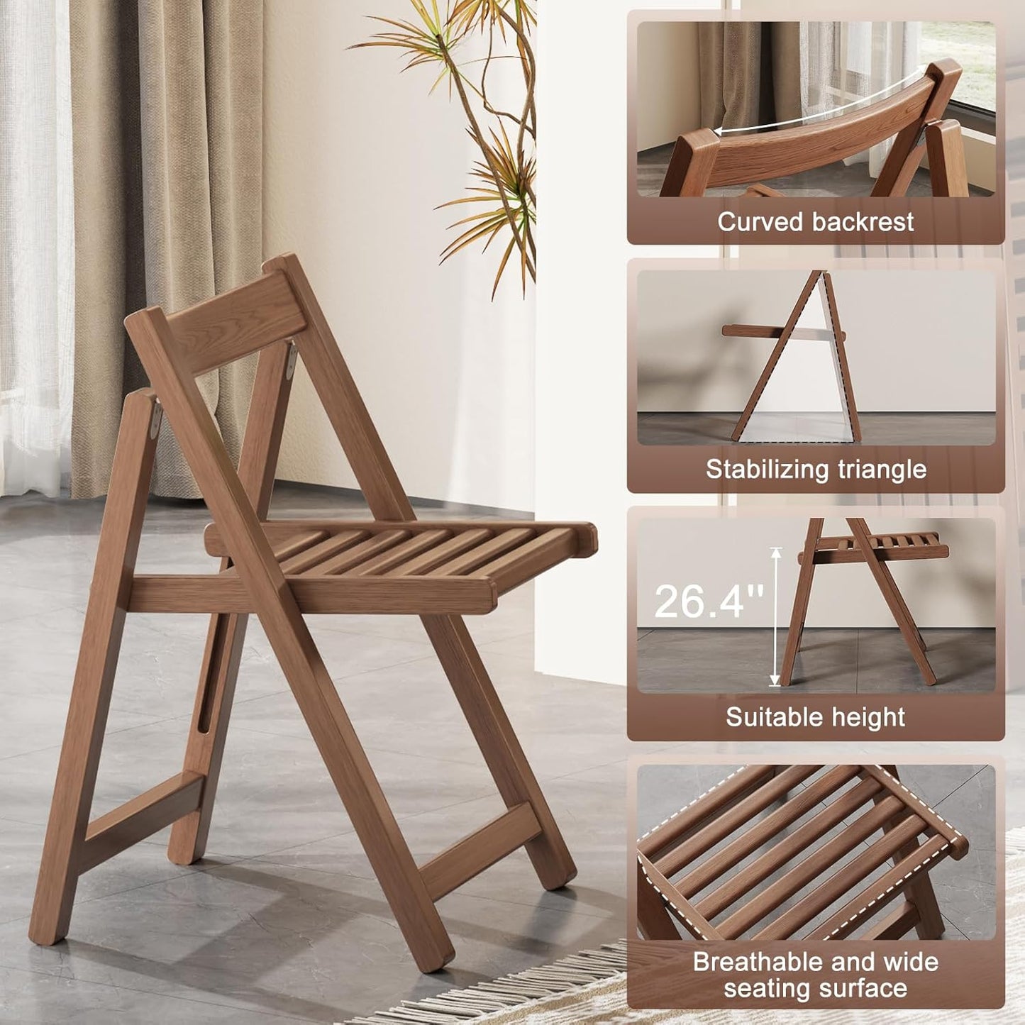 Wood Folding Chairs Set of 4, Indoor Outdoor Wooden Foldable Dining Chairs, Space-Saving and Portable Design for Kitchen, Lawn, Patio 300lbs Capacity,