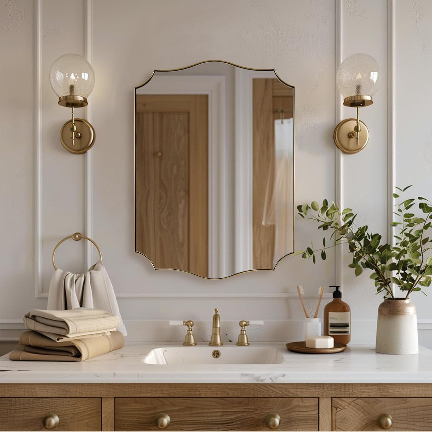 Gold Mirror for Bathroom, Gold Scalloped Bathroom Mirror, Vintage Vanity Mirror, Irregular Mirror in Stainless Steel, 22 x 30 Antique Brass Mirror, Wall Mounted Mirrors with Curved Edge