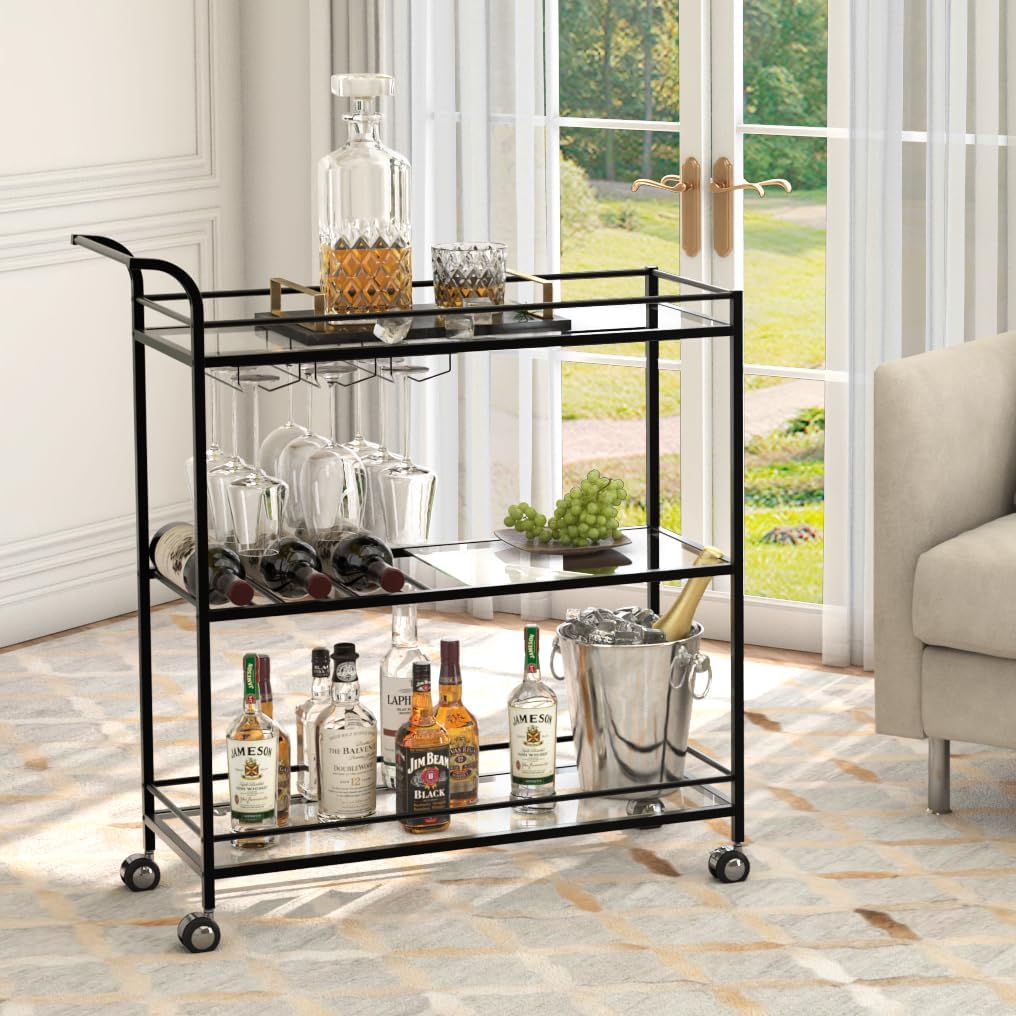 Black Bar Cart, Home Bar Serving Cart with Handle, Wine Cart with 3-Tier Glass Shelves, Beverage Cart with Wine Rack and Glass Holder, Bar Carts for The Home, Dining Room, Living Room