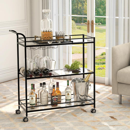 Black Bar Cart, Home Bar Serving Cart with Handle, Wine Cart with 3-Tier Glass Shelves, Beverage Cart with Wine Rack and Glass Holder, Bar Carts for The Home, Dining Room, Living Room