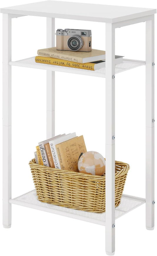 Hoctieon 3 Tier End Table, Telephone Table, Narrow Side Table with Storage, Nightstand for Small Spaces, Metal Frame, for Living Room, Bedroom, Sofa Couch, Hall, Easy Assembly, White