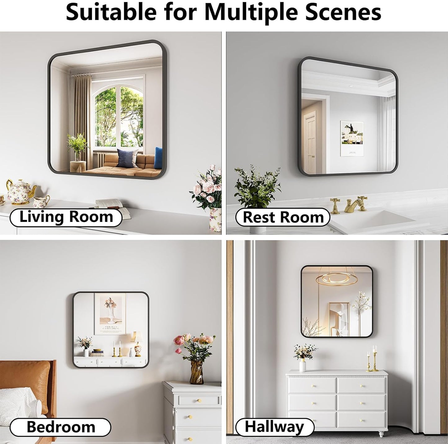 Koonmi Bathroom Mirror, 30X30 Inch Black Metal Framed Mirror for Bathroom, Tempered Glass, Anti-Rust, Rounded Rectangle Mirror for Restroom, Bedroom, Black