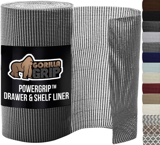 GORILLA GRIP powerGRIP Drawer Shelf and Cabinet Liner, Thick Strong Hold, Non-Adhesive Liners Protect Kitchen Cabinets and Cupboard, Bathroom Drawers, Easy Install, Breathable Mat, 17.5" x30', Gray
