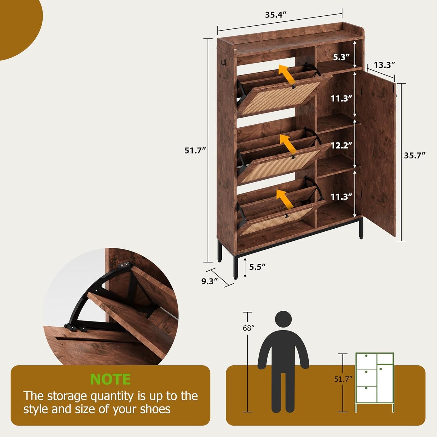 GarveeHome Shoe Cabinet Rattan with 3 Flip Drawers and 4-Tier Shoe Storage Cabinet, Freestanding Shoe Organizer with Adjustable Shelves for Entryway, Closet, Hallway (Tree Pomegranate)