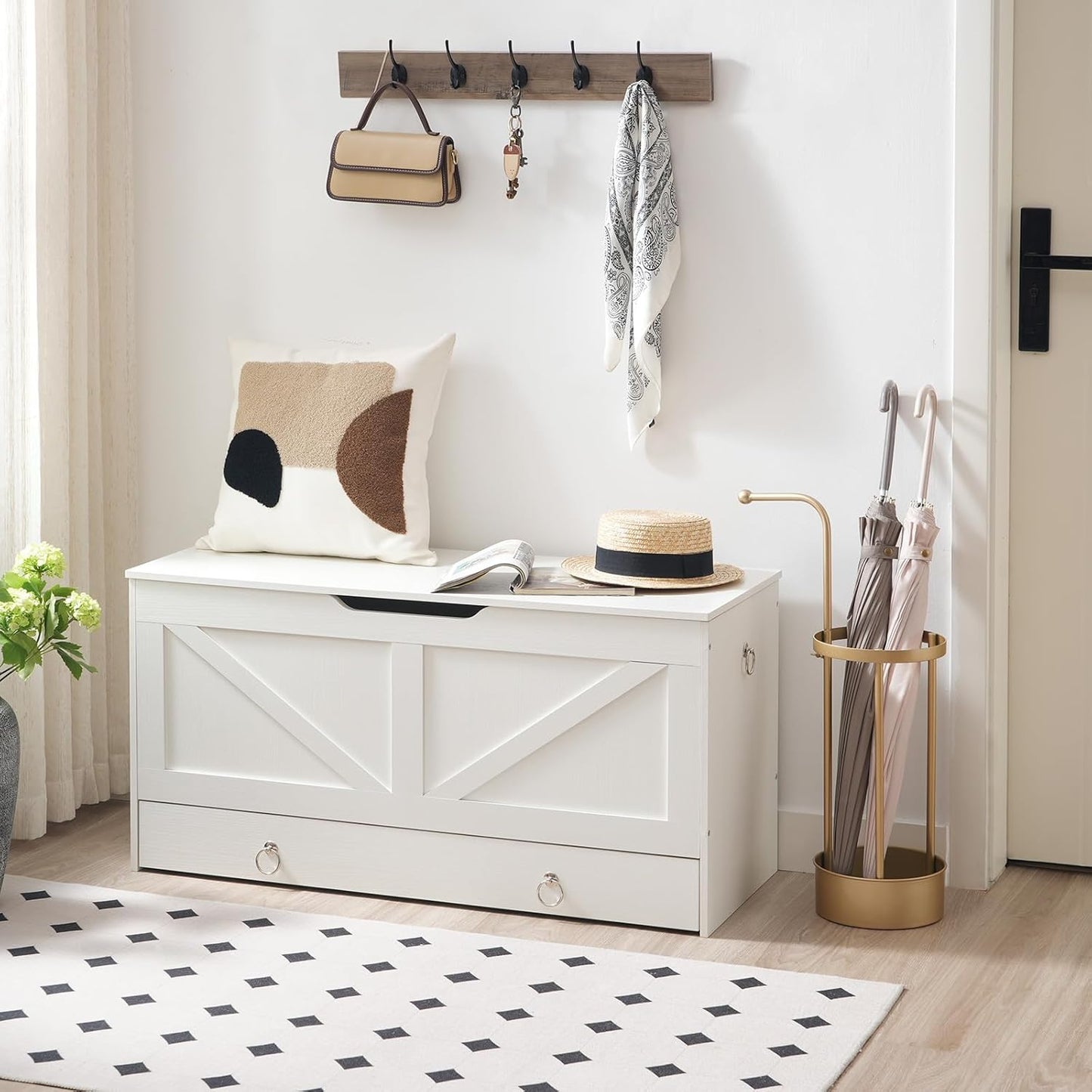 HOOBRO Storage Chest, 39.3" Toy Chest with Drawer, Wooden Storage Bench, Sturdy Entryway Bench Supports 220 lb, Shoe Bench, Safety Hinge, U-Shaped Opening, Easy Assembly, White WT710CW01G1