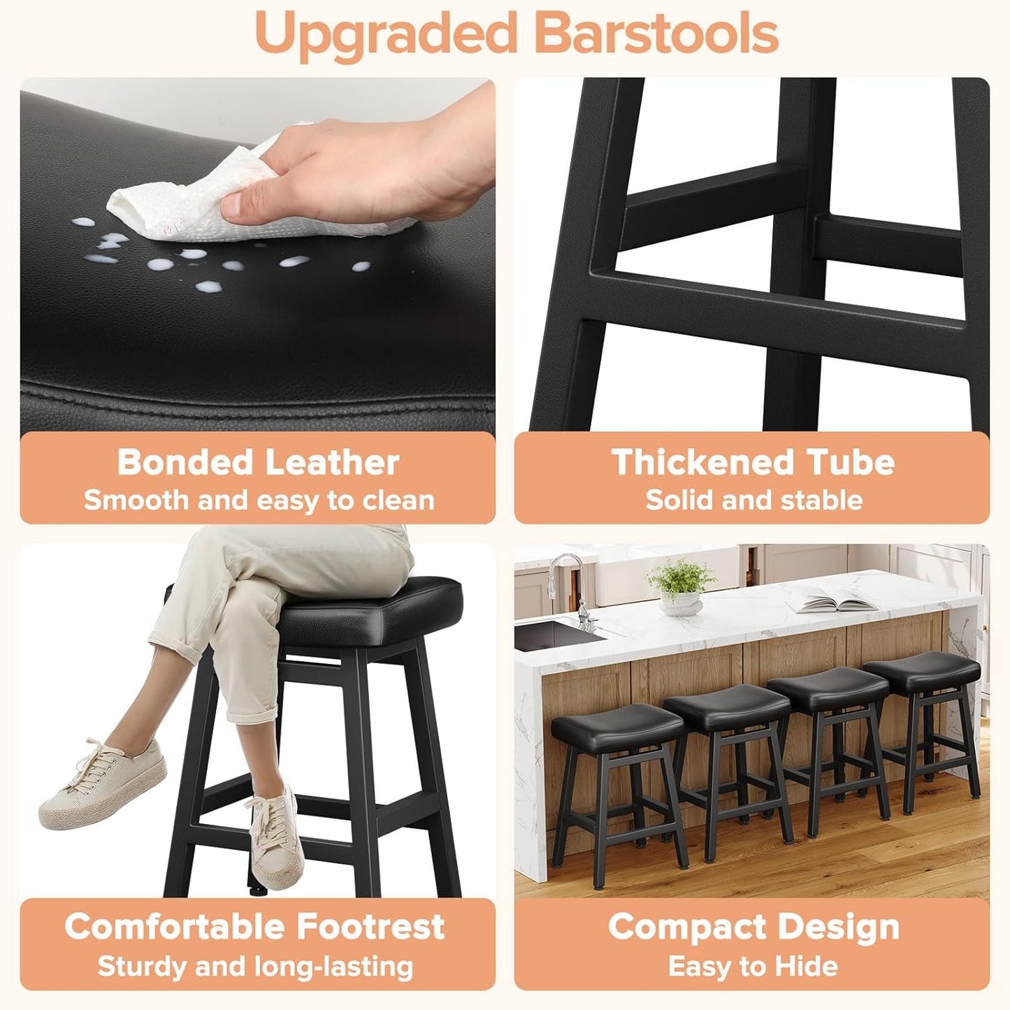 Counter Height Bar Stools Set of 3, 24 Inch Barstools for Kitchen Counter, Kitchen Stools with Bonded Leather Saddle Seats & Heavy Duty Metal Legs, Easy Assembly, All Black