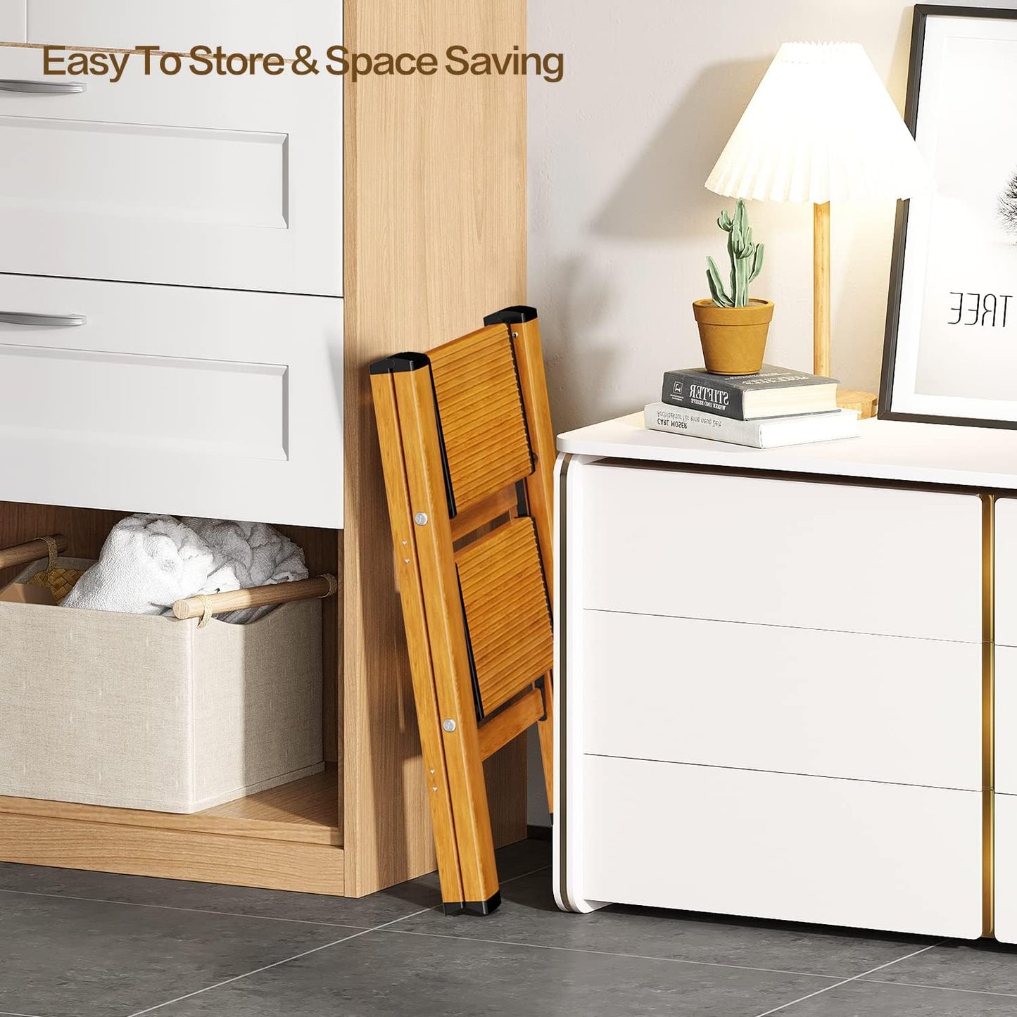 2 Step Ladder, Aluminum Lightweight Folding 2 Step Stool with Anti-Slip Wide Pedal,330lbs Capacity Steel Ladder for Household and Office(Woodgrain)