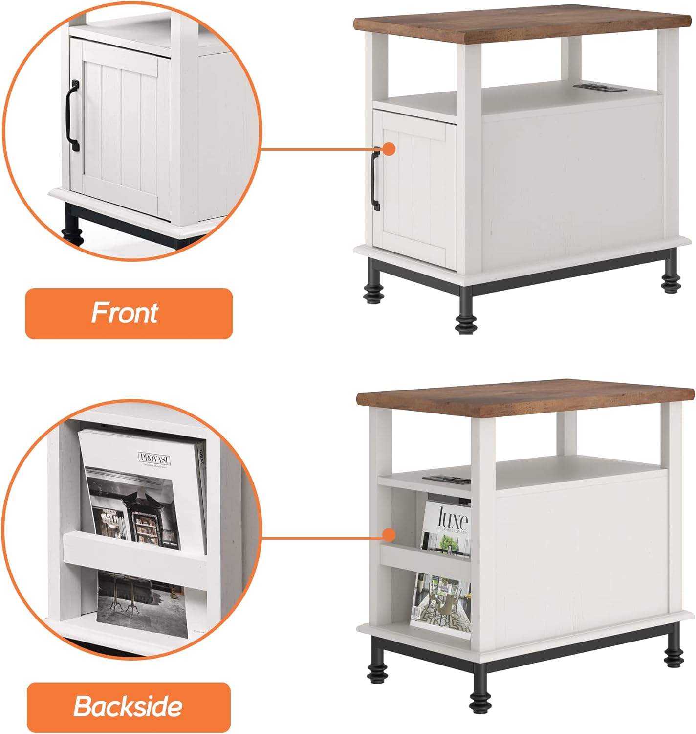 WAMPAT Narrow End Table with Charging Station, Farmhouse Side Table with Open Storage & Storage Cabinet for Living Room, Wooden Nightstand for Bedroom with Metal Legs, White/Oak