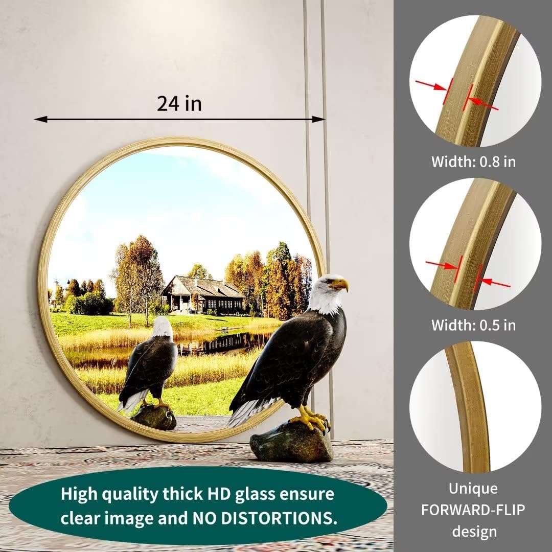 Growsun 24 inch Retro Gold Round Mirror Circle Wall Mirror for Bathroom Vanity, Entryway Living Room with Metal Frame for Home Decor