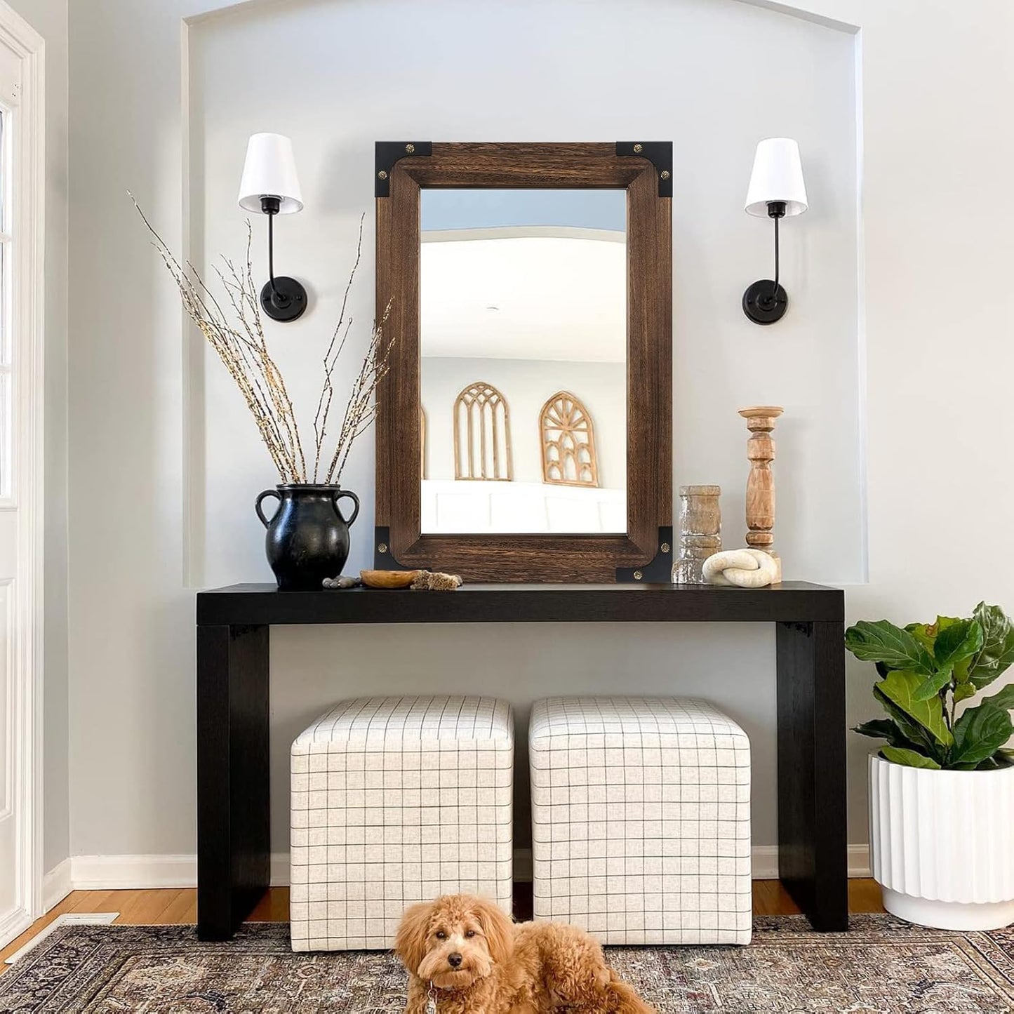 blue page Mirror for Wall, Rustic Wood Mirror with Wood Frame, Rectangular Decorative Wall Mounted Mirror for Farmhouse Bathroom Bedroom & Living Room (24 x 36 Inches, Iron)