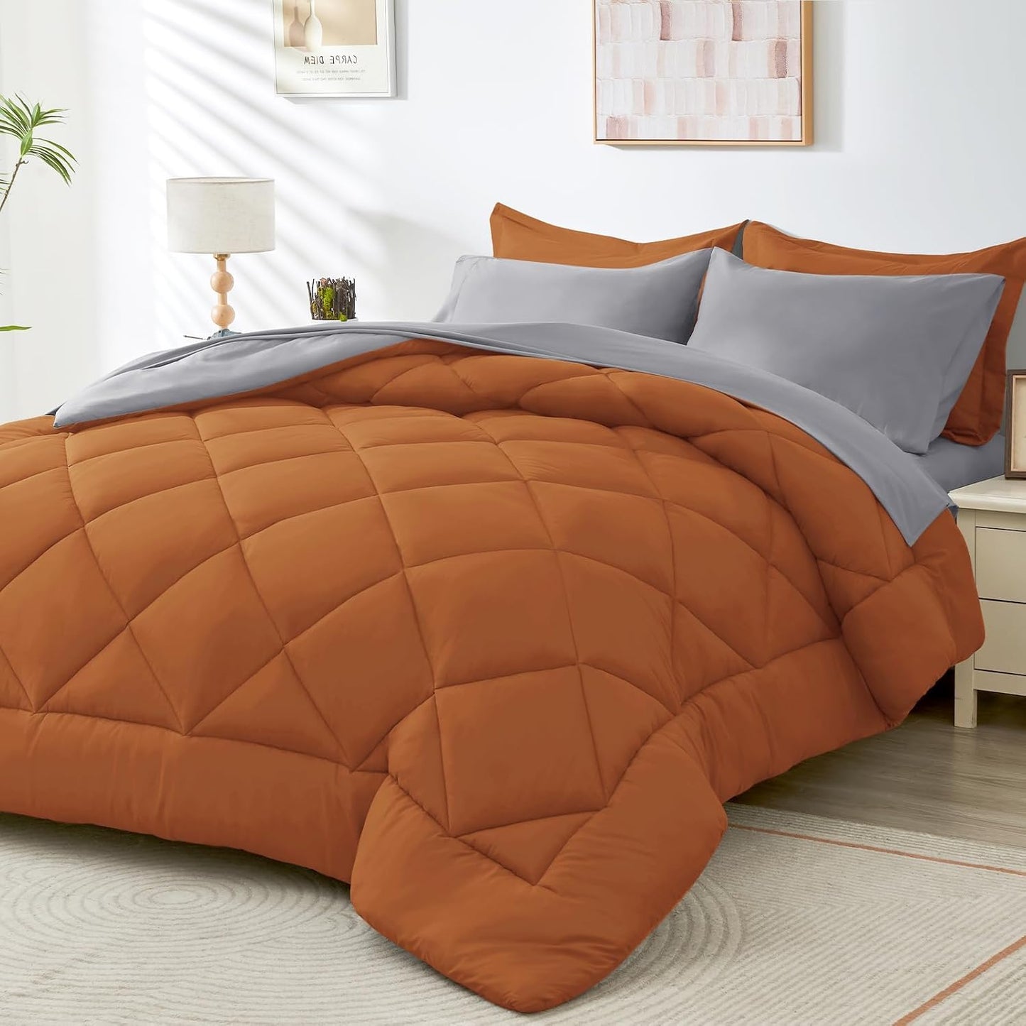 HEVUMYI Full Comforter Set - 7-Piece All Season Bed in a Bag Full, Ultra Soft Bedding Set with Comforter, Flat Sheet, Fitted Sheet, Pillowcases, Pillow Shams, Orange & Light Grey