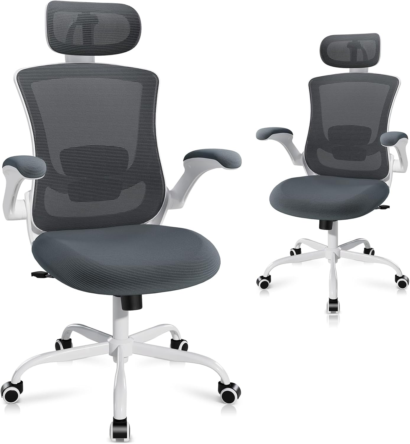 High Back Office Chair with Adjustable Lumbar Support & Headrest, Ergonomic Mesh Desk Chair with Flip-Up Armrests, Breathable & Comfortable Computer Chair for Home, Office & Study, Grey