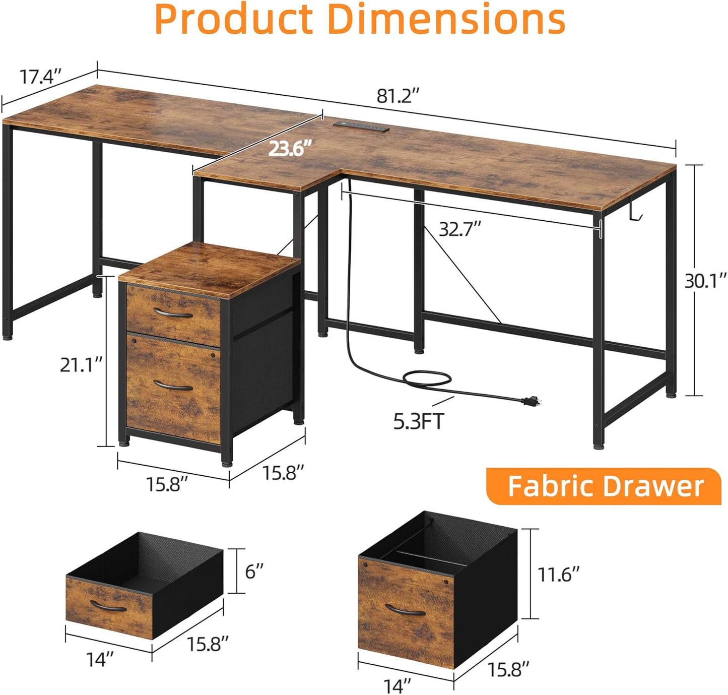 T-Shaped 2 Person Desk with Power Outlet, Long Two Person Gaming Table with LED & Fabric Drawers, 81.2'' Computer Desks with File Cabinet, Double Workstation for Home Office, Rustic Brown