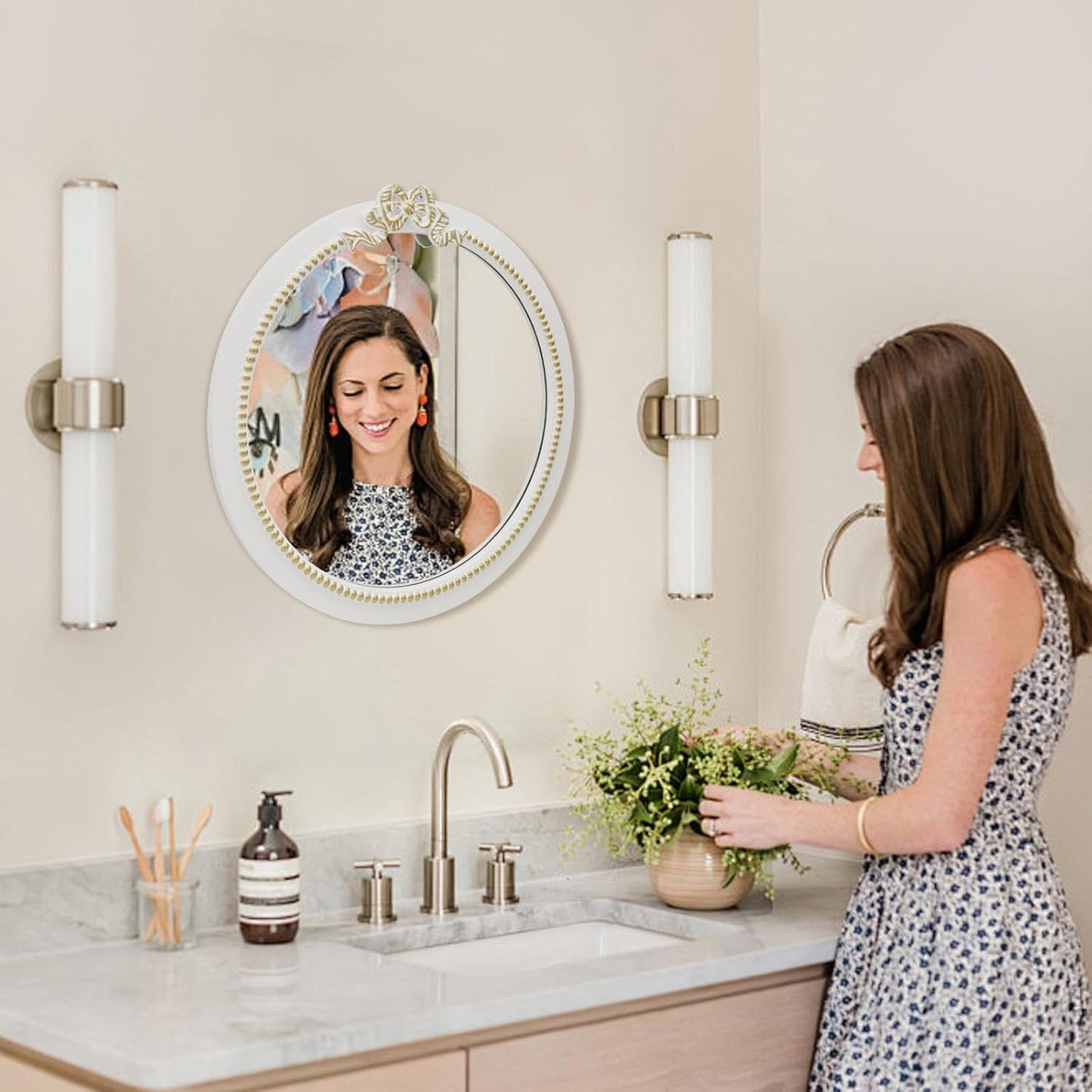 Vintage Round Wall Mirror 23.6inch Farmhouse Wooden Vanity Mirror for Wall Decor, Decorative Antique White Bathroom Mirrors, Traditional Art Home Bow Decor for Dressing Table, Living Room or Bedroom