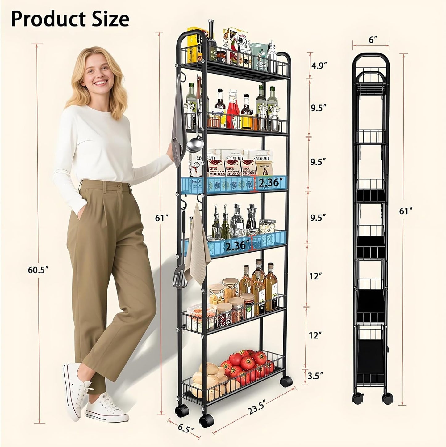 Slim Storage Cart with Wheels, 6-Tier 6in Black Narrow Rolling Shelf,Sturdy Slim Storage Ideal for Kitchen, Bathroom, and Laundry Room