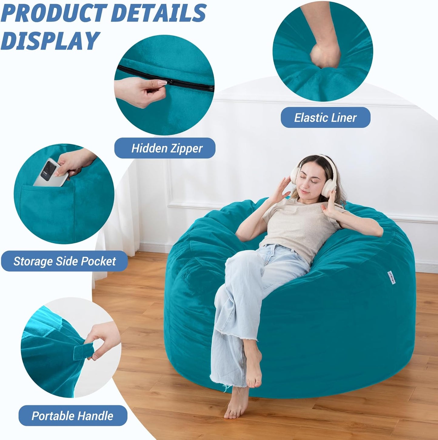4FT Bean Bag Chair with Ultra Soft Velvet Cover Bean Bag Sofa with Memory Foam Bean Bag Chairs with Large Size Lazy Sofa for Dorm Office Living Room Bedroom Sea Blue 4'