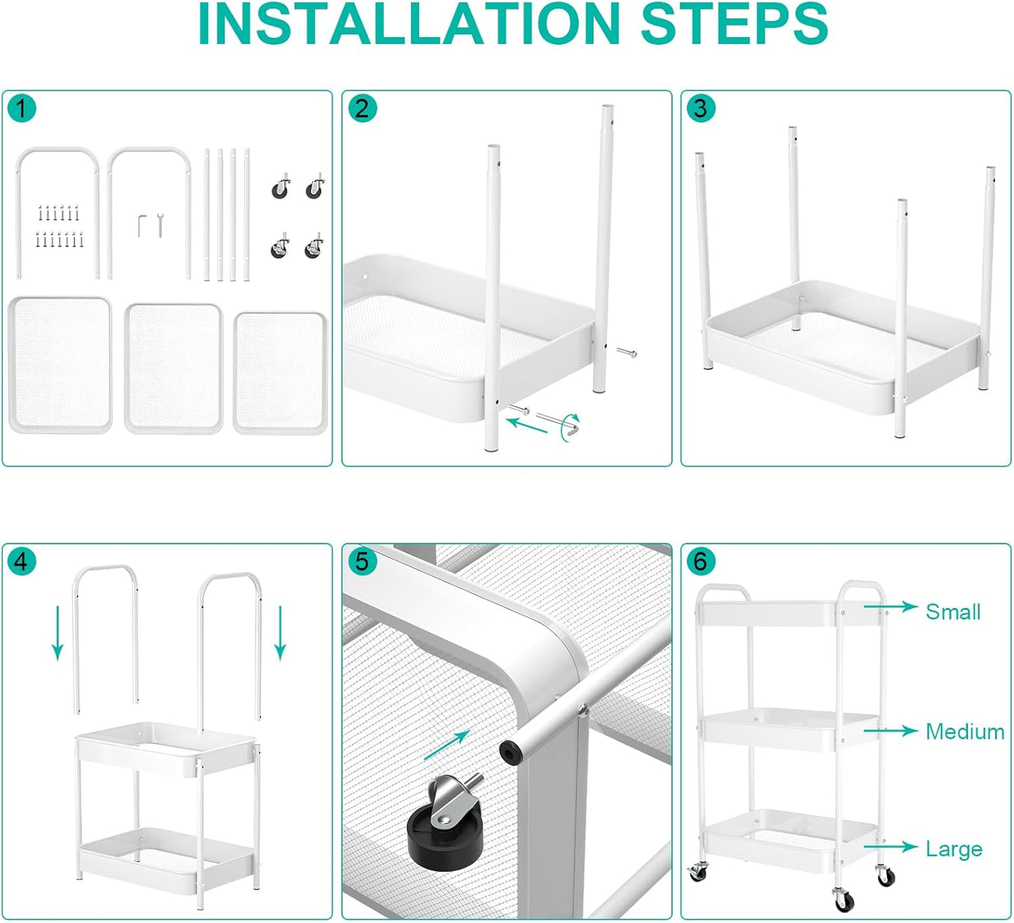 3-Tier Rolling Metal Storage Cart with Wheels, Multi-Functional Organizer for Office, Kitchen, Bathroom, Books Diapers - Easy Assembly (White)