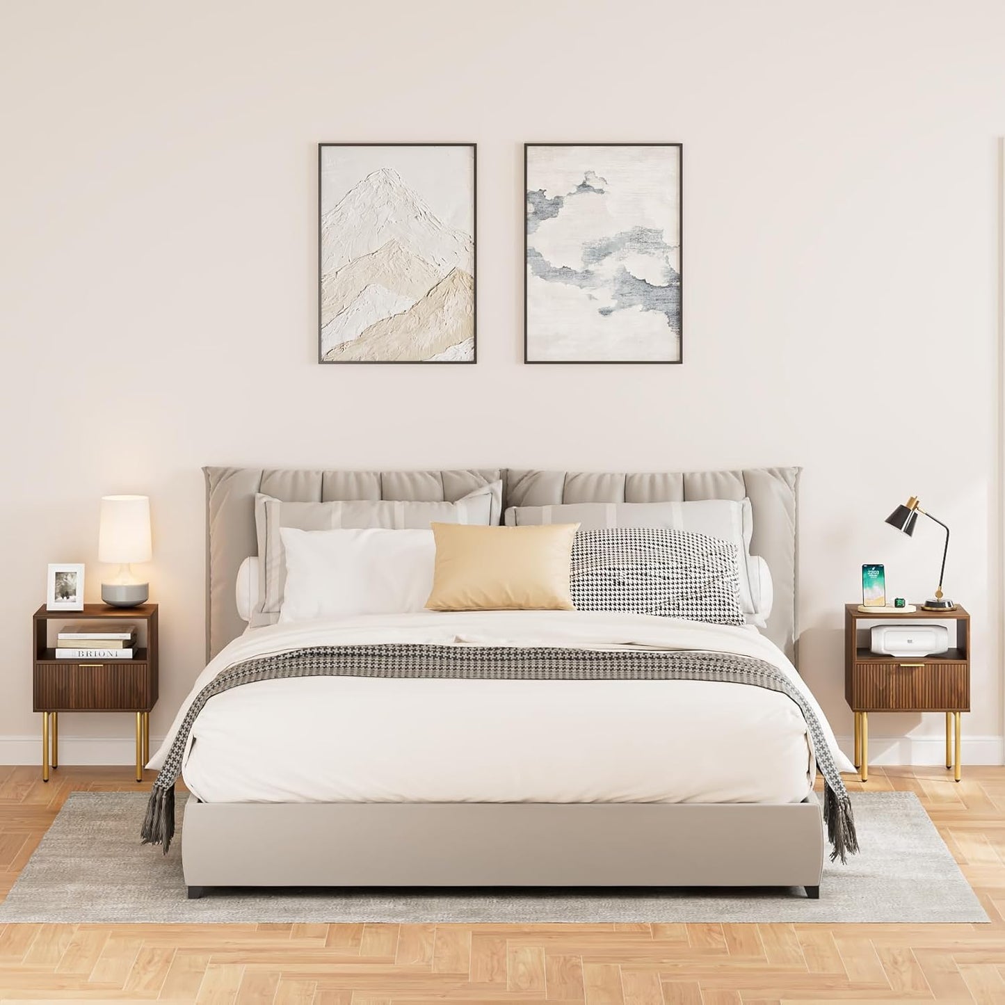 Nightstand,Small Bedside Table with Gold Frame,Morden Night Stand with 2 Drawer,End Table,Side Table with Drawer and Shelf for Bedroom,Living Room (Grey-1Drawer)