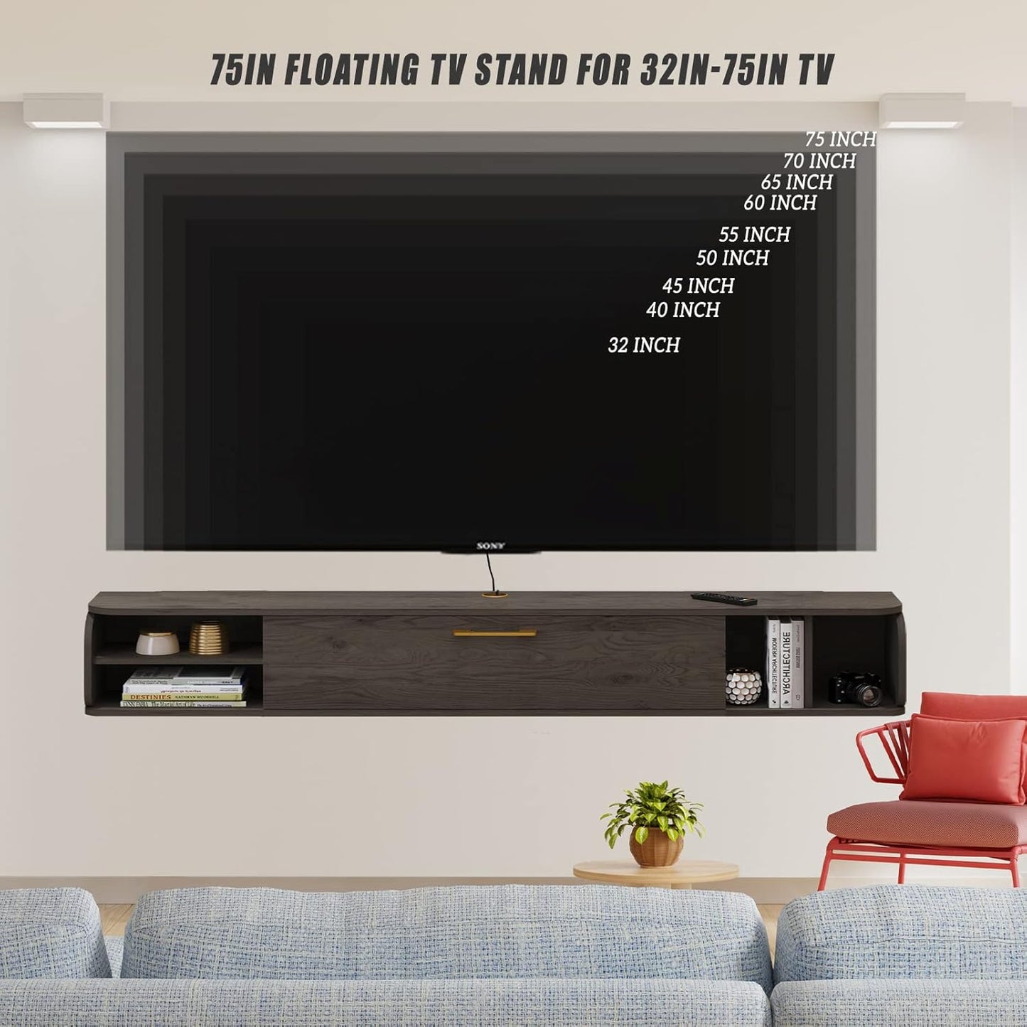 Floating TV Unit, 76'' Wall Mounted TV Cabinet, Floating Shelves with 4 Cabinets, Wood Entertainment Media Console Center Large Storage TV Bench for Living Room & Office (75.98IN, Dark Grey)