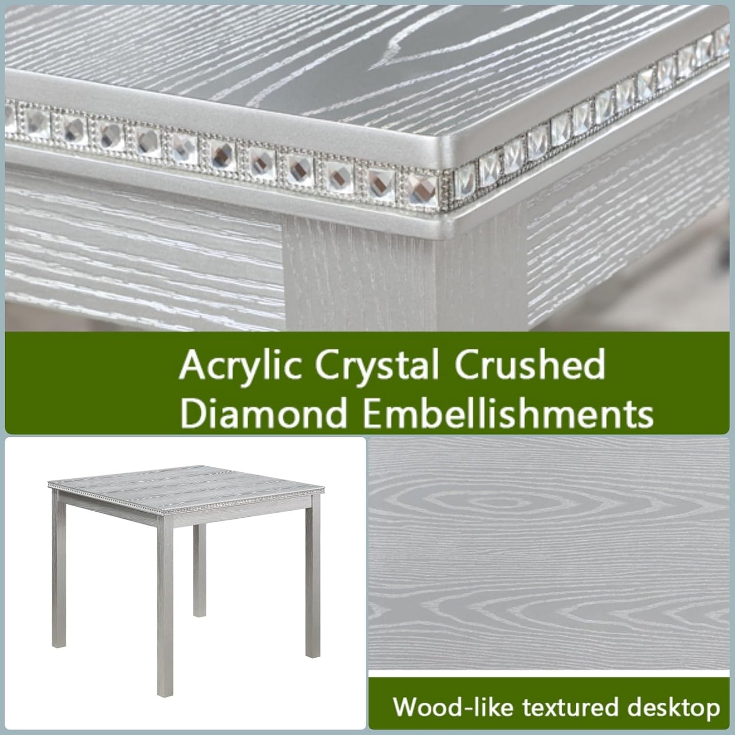 Dining Table Set for 4, 5-Piece Kitchen Table & Chairs Set with Versatile Square Table & 4 Upholstered Chairs, 34.5'' Dinner Set with Crystal Decorations & Wood Grain Design, Silver Gray