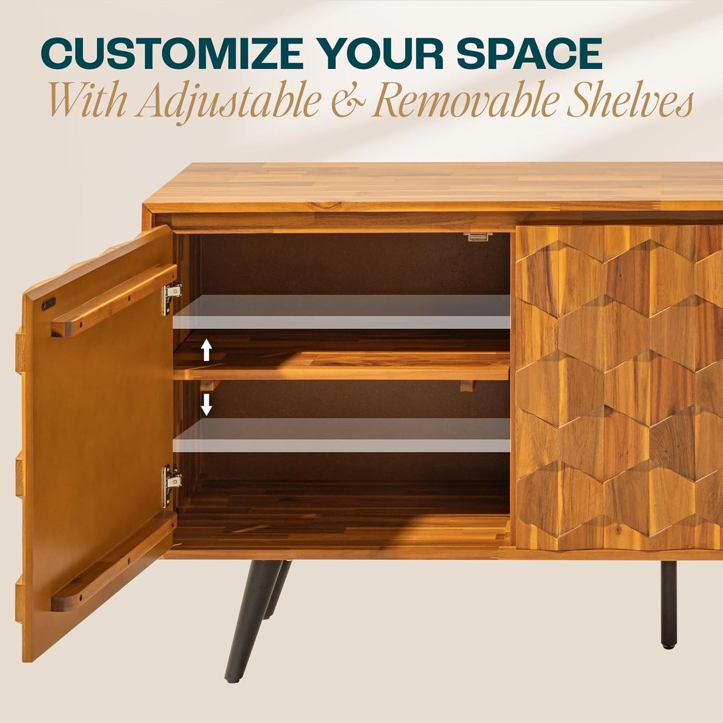 Bme Sideboard Georgina Solid Wood 2 Doors & 3 Drawers, 61'' Mid Century Modern Cabinet with Geometric Pattern for Kitchen, Dining, Living Room, Teak Brown