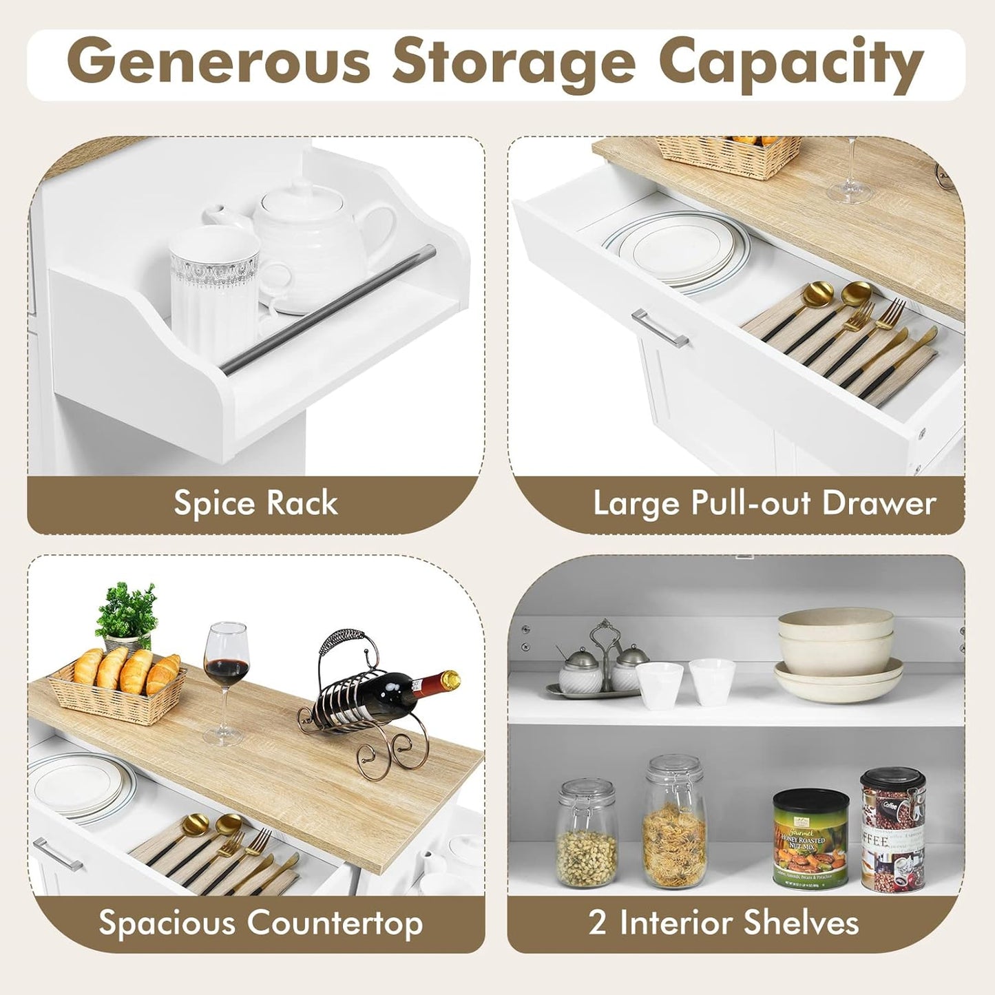 COSTWAY Kitchen Island On Wheels, Rolling Storage Trolley Cart with Large Cabinet, Drawer, Spice Rack and Towel Rack, Kitchen Serving Utility, 3-Position Adjustable Shelf (White)